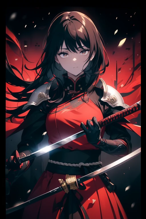 ((Obra maestra, La mejor calidad, ultrahigh resolution)), (((head:1, arms, hips, elbows, in view))), ((perfect hands)), ((half closed eyes)), flat chested, looking at viewer, (head tilt), defined subject, long hair cut, pale skin, ((brown eyes)), ((glowing_eyes)), neon eyes, (ultra detailed eyes:0.7, beautiful and detailed face, detailed eyes:0.9), facing viewer, eye level, ((black hair, dark black hair)), ((a girl in a suit of red samurai armor, standing confidently, ready to fight)), ((katanas on back, hand held katana, attacking viewer with katana)), (wind in hair), ((samurai, clad in red steel armor, red plate armor)), ((vibrant background, snowy landscape, cityscape, snowing, snow)), hands behind back, ((fiery eyes, beautiful lighting, outside, outdoors, background, defined subject, 25 years old, (((a very beautiful, cool and lively image)))
