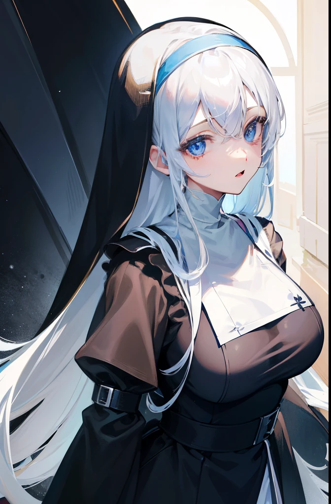 masterpieces, high detailed, [PERFECT FACE], very mature and elegant, anime character with blue eyes and a nun outfit, fine details, nun fashion model, colorful, nun outfit, nun, platinum hair, blue eyes, anime girl in a nun outfit, white haired deity, smooth anime cg art, mature body, tall