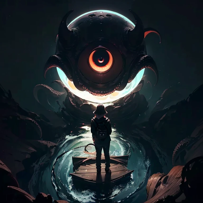 ( Masterpiece, best quality , shot from above, 100mm lens, fisheye), ((pov from above:1.4)), (( (( standing on old wooden boat flowing downstream on styxx river in pitch darkness of infinite void )):1.6, (very big eye ball with tentacles in background filling up the sky:1.6, there is something lurking in the darkness maybe it is Cthulhu and his tentacles ), eerie feeling, walking away from viewer, looking in front, looking ahead, back towards against viewer )), 1girl,( long hair, dark hair , wearing backpack and wearing loose-fitted ootd ), (centred and symmetric composition, 8K, under exposure:1.8, UHD)
