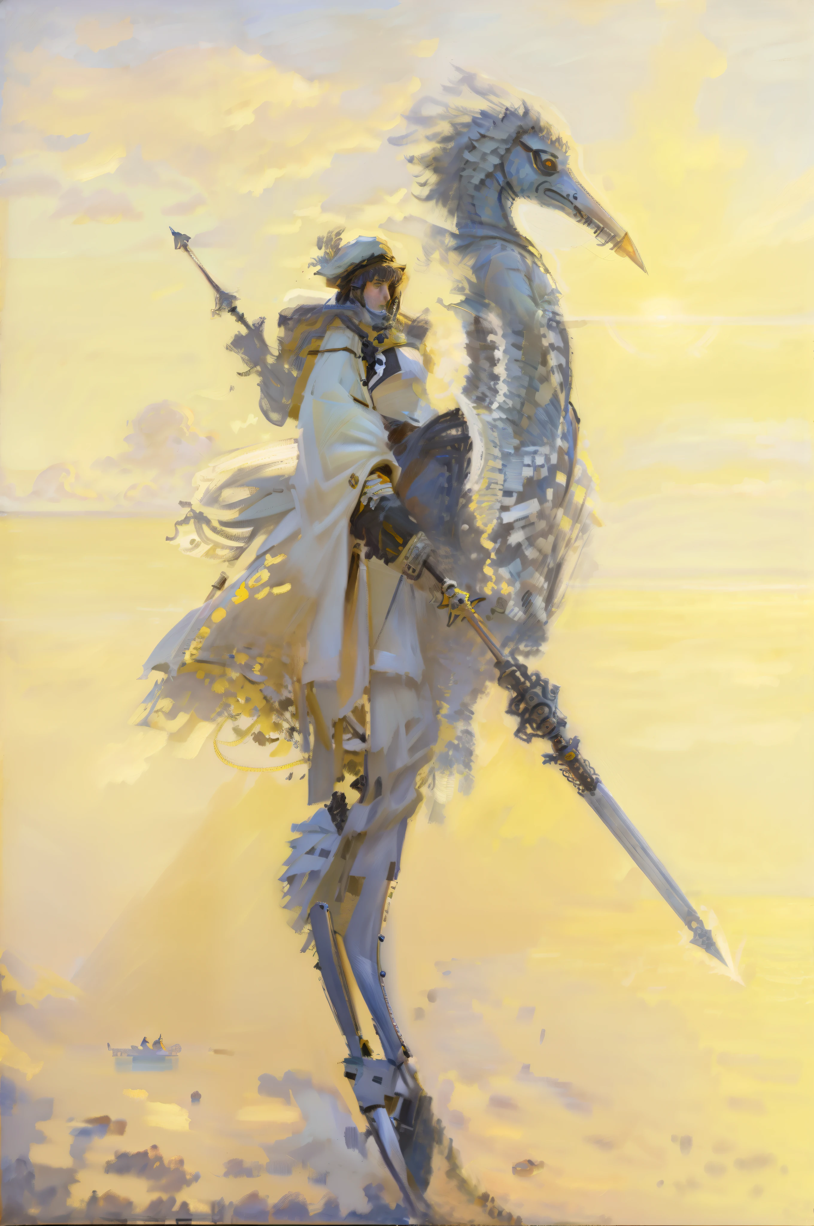 A man wrapped in a long dusy dull yellow robe wearing grey nonreflective goggles he holds a extreme long spire sword rifle combined weapon at an angle pointing down as he rides, rides a Morax, like a blue heron with a long neck and longer legs a large flightless bird 3 times the size of a man it  blue-grey in color with an extreme long pointed narrow bill both the man and bird have trible markings, accross near the horizen, in a mostly barren landscape on a far distant planet, one large ringed plannet hangs in the dusty sun baked sky, 64k resolution,Masterpiece