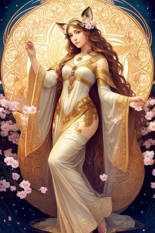 (best quality, 4k, highres, masterpiece:1.2), ultra-detailed, (realistic, photorealistic, photo-realistic:1.37), portraits, Alphonse Mucha and Gustav Klimt inspired, pretty, cute, goddess with fox ears and tail, kitsune, intricate patterns, vibrant colors, ethereal atmosphere, delicate sakura flowers, graceful posture, flowing hair, elaborate accents, dreamy lighting, full body pose