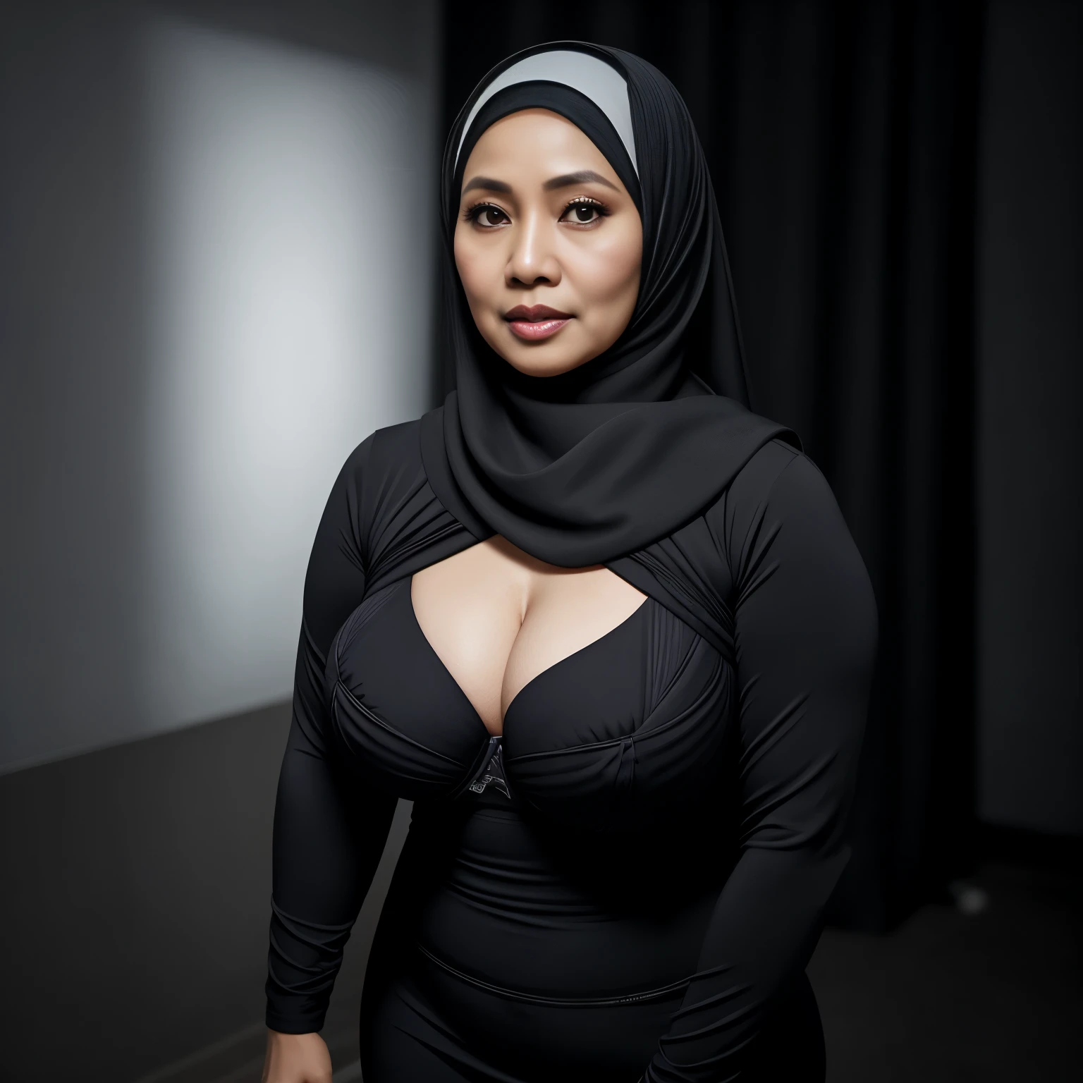 52 years Old, Hijab Indonesian mature woman, Large Tits : 96.9, Tight Gamis, sport bra, Slim body, Breast about To burst out, at Studio Photo, Dark light, at NightTime