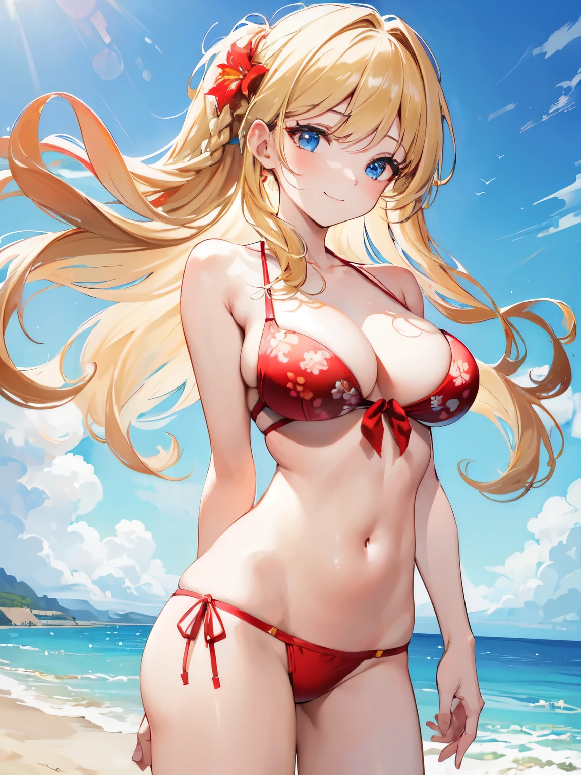 ((masterpiece, best quality)), High resolution, distinct image, (1girl), (solo), (female Focus), light smile, (Bikini with red floral), (blonde side braid hair 1.2), (blue eyes), (eyelashes), (large breasts 1.4), Arms behind back, beach, sand , seaside , oficial art