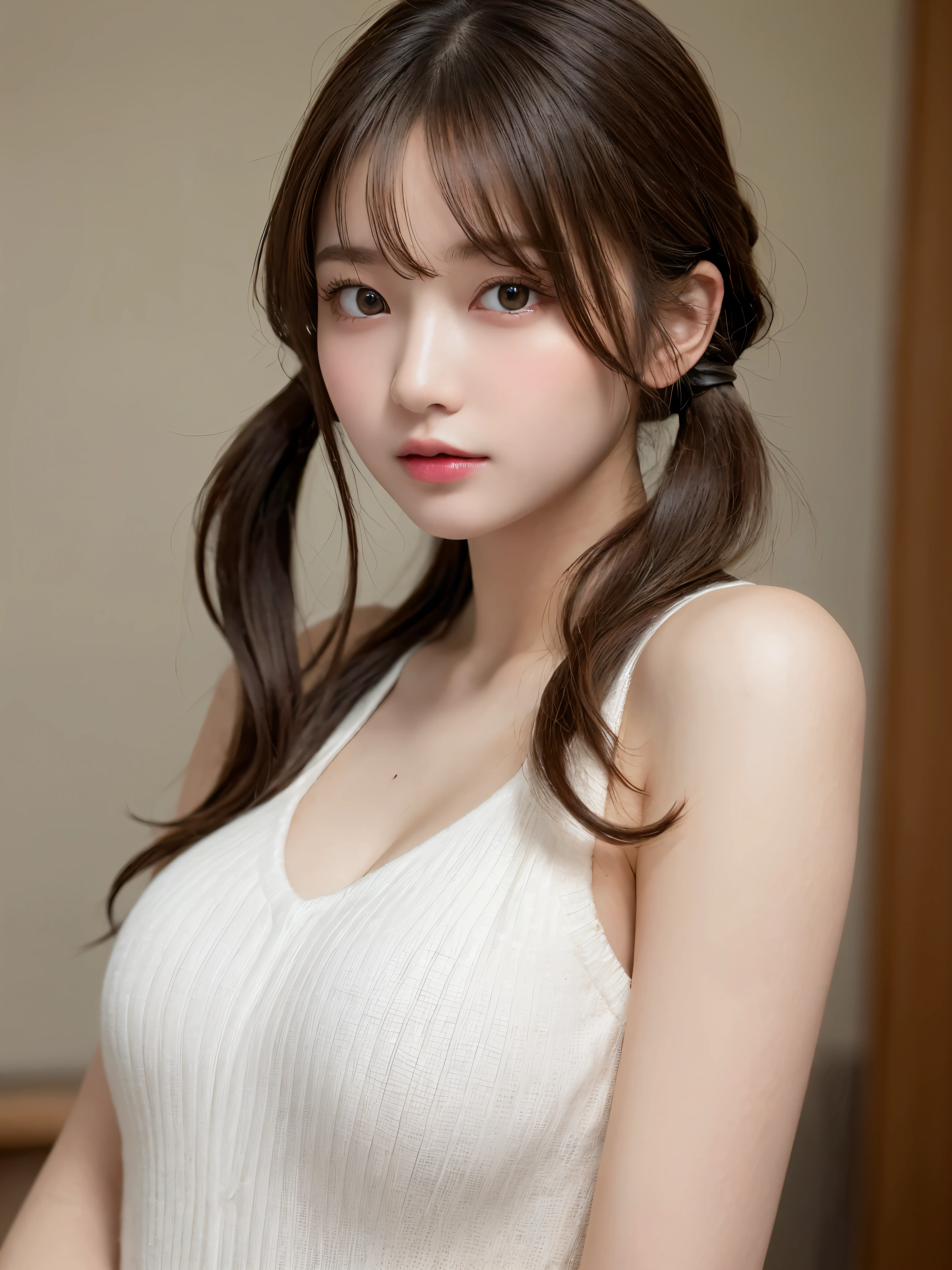 ((NSFW))、(masterpiece:1.5)、(8K)、(Photorealsitic:1.5)、Raw photography、(Top image quality:1.4)、(foco nítido:1.5)、 top-quality、masterpiece、超A high resolution、Photograph the whole body、Perfect dynamic composition、 20 years old、slender、Unwind in the living room、prety woman:1.4、serious facial expression、 Wearing a white knitted dress、 light brown hair、Hairstyle is twin tails、Glowing hair、 Super Detail Face、A detailed eye、二重まぶた、 Natural Color Lip、Transparent skin、