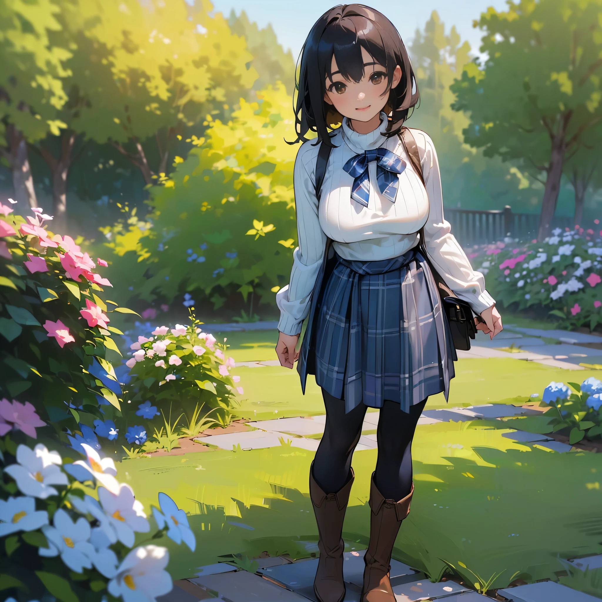 (High quality, High resolution, Ultra-detailed, Realistic:1.37), peaceful ambiance, (plein air, garden), Teenage girl standing alone, (My breasts are big.), Beautiful detailed features, Cute smile, (Black bob hair), Ribbed sweater, blue plaid skirt, Black tights, Brown boots.