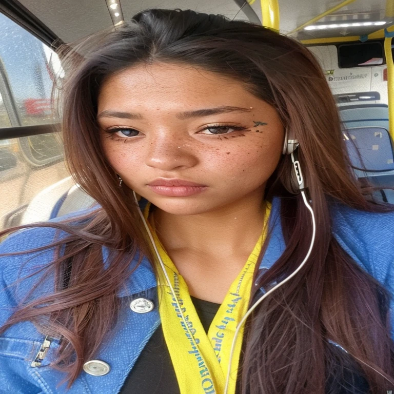 puffy woman with headphones and a blue jacket on a bus, usando espinhos e piercings, marcas no rosto, brincos enormes e maquiagem queer, piercing stare, Piercings faciais, olhos castanhos brilhantes e penetrantes, chrome piercings faciais, taken in the early 2020s, piercing septal, piercings faciais, imagem de perfil, small lips pointy nose