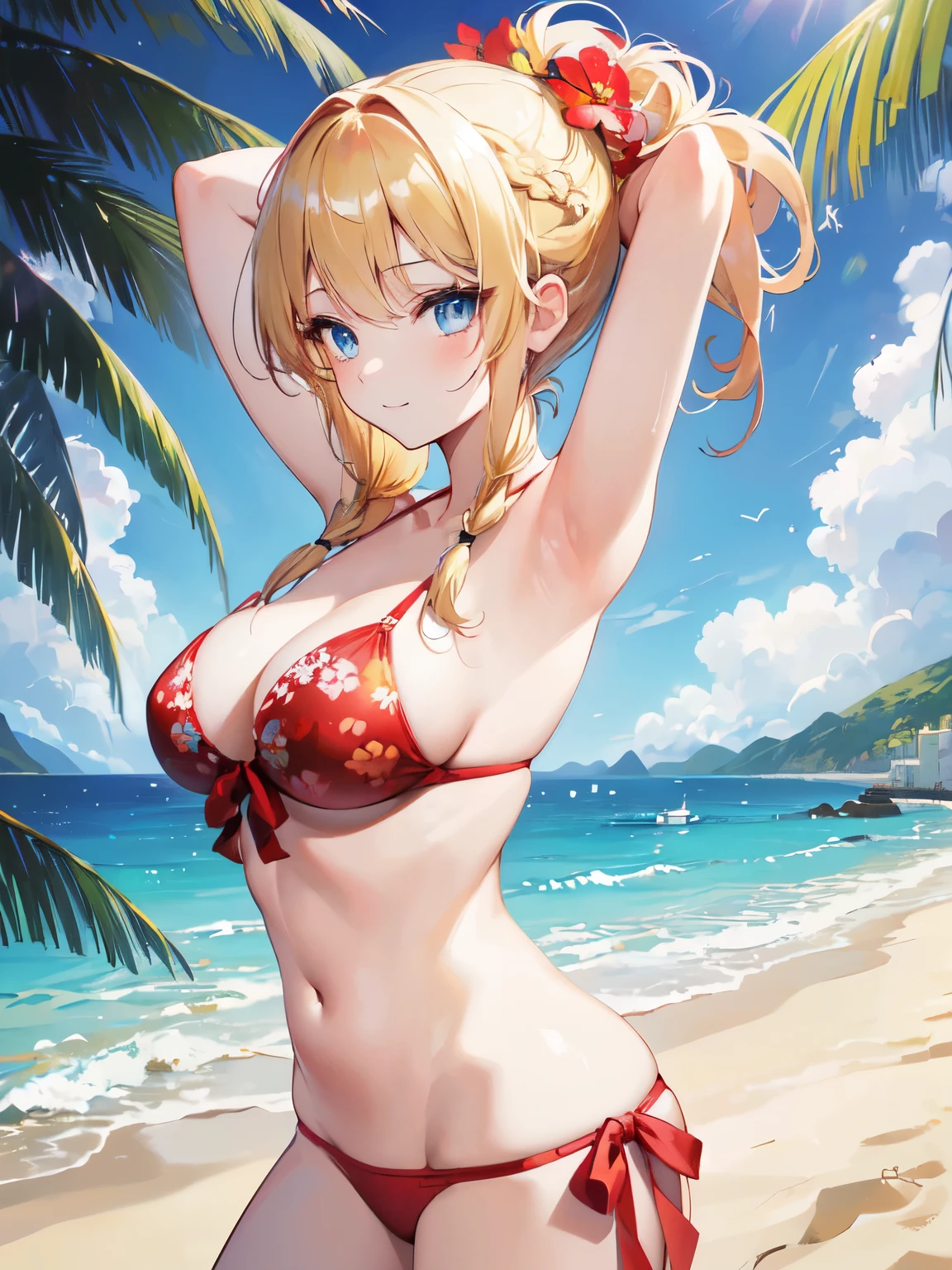 ((masterpiece, best quality)), High resolution, distinct image, (1girl), (solo), (female Focus), light smile, (Bikini with red floral), (blonde side braid hair 1.2), (blue eyes), (eyelashes), (large breasts 1.4), Arms behind back, beach, sand , seaside , oficial art