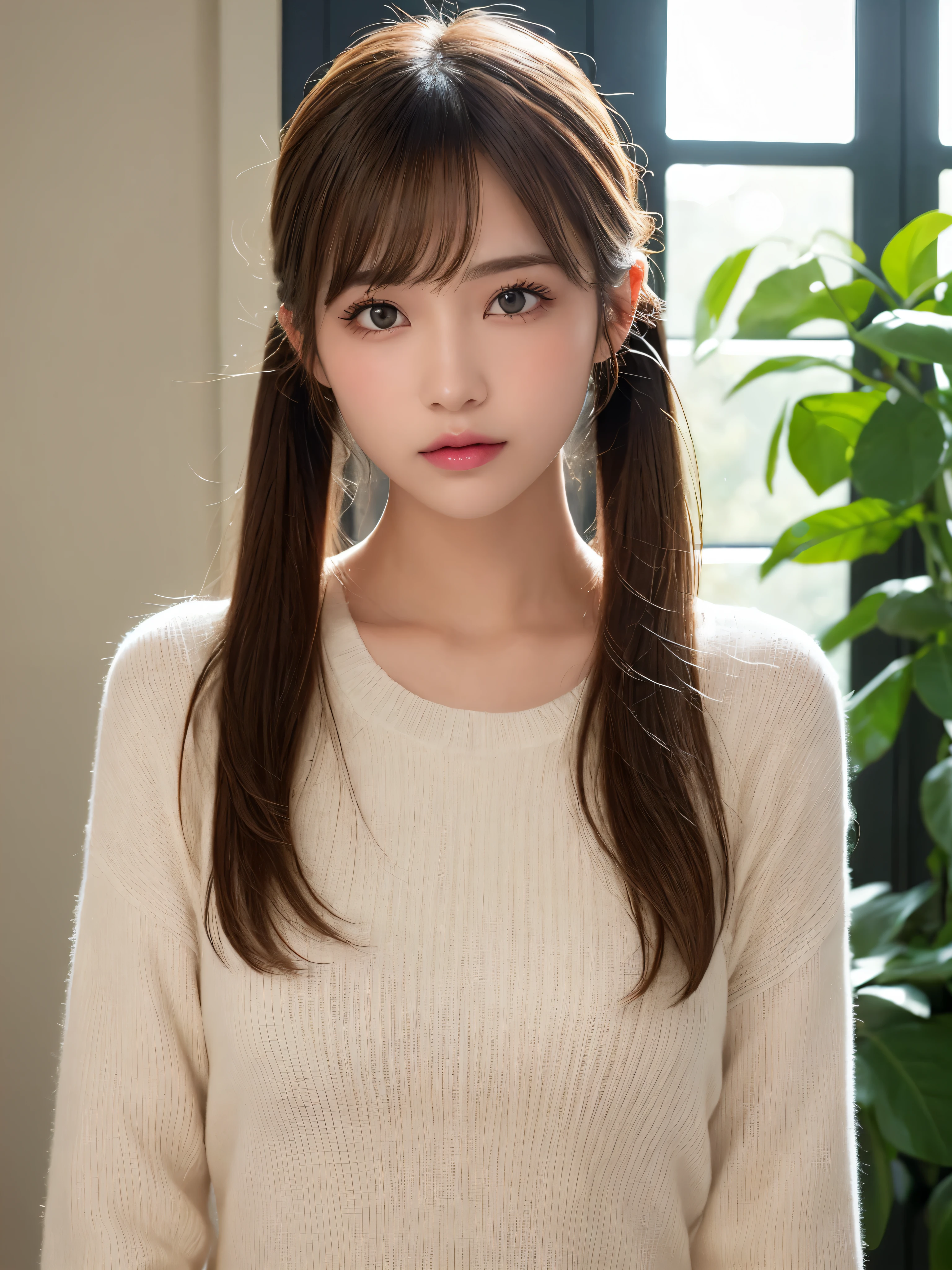 ((NSFW))、(​masterpiece:1.5)、(8K)、(Photorealsitic:1.5)、Raw photography、(Top image quality:1.4)、(foco nítido:1.5)、 top-quality、​masterpiece、超A high resolution、Photograph the whole body、Perfect dynamic composition、 20 years old、slender、Unwind in the living room、prety woman:1.4、serious facial expression、 Wearing a white knitted dress、 light brown hair、Hairstyle is twin tails、Glowing hair、 Super Detail Face、A detailed eye、二重まぶた、 Natural Color Lip、Transparent skin、