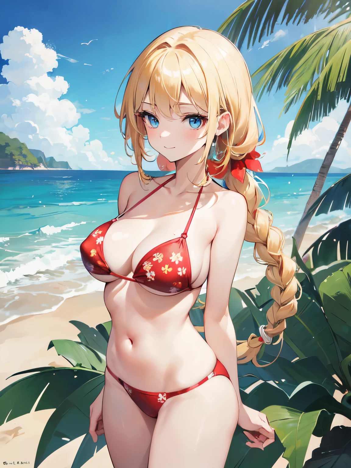 ((masterpiece, best quality)), High resolution, distinct image, (1girl), (solo), (female Focus), light smile, (Bikini with red floral), (blonde side braid hair 1.2), (blue eyes), (eyelashes), (large breasts 1.4), Arms behind back, beach, sand , seaside , oficial art