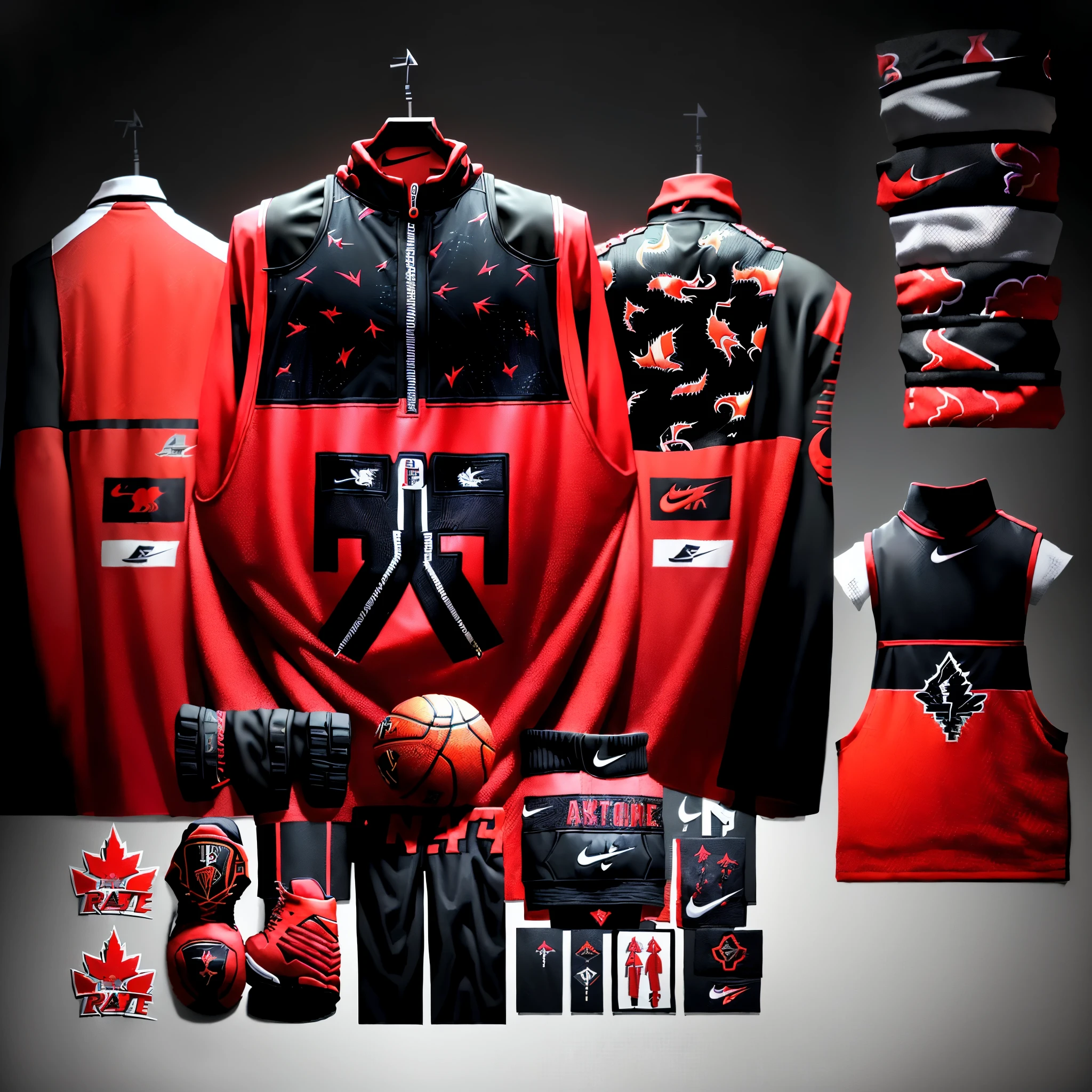 ((BASKETBALL, TORONTO RAPTORS AESTHETIC)), TORONTO RAPTORS BASKETBALL TEAM STYLING, ((GALACTIC NIKE BRAND clothing styling)), ((PIMP CLOTHING STYLINUSICIAN CLOTHING STYLING)), ((RED AND BLACK AESTHETIC), FLAMES, clothing and accessories, highly detailed panel cuts, HIPHOP STYLING, highly detailed clothing, clothes high detail, complete detailed body, very detailed and rich clothing