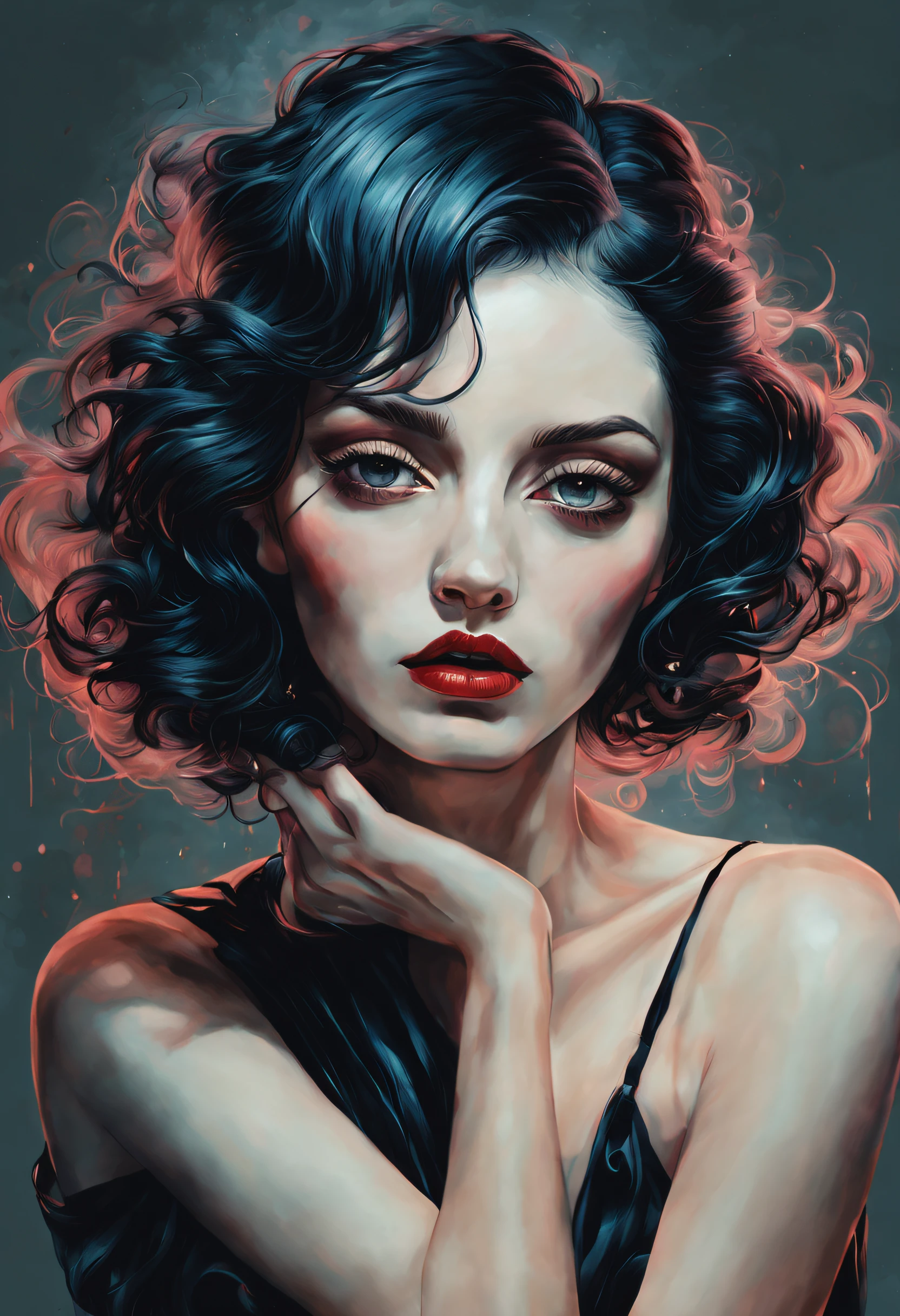 chiaroscuro technique on  illustration of an elegant oldies , wet hair, vintage, eerie, matte painting, by Hannah Dale, by Harumi Hironaka, extremely soft colors, vibrant, highly detailed, digital illustrations , high contrast, dramatic, refined, tonal, facial expression