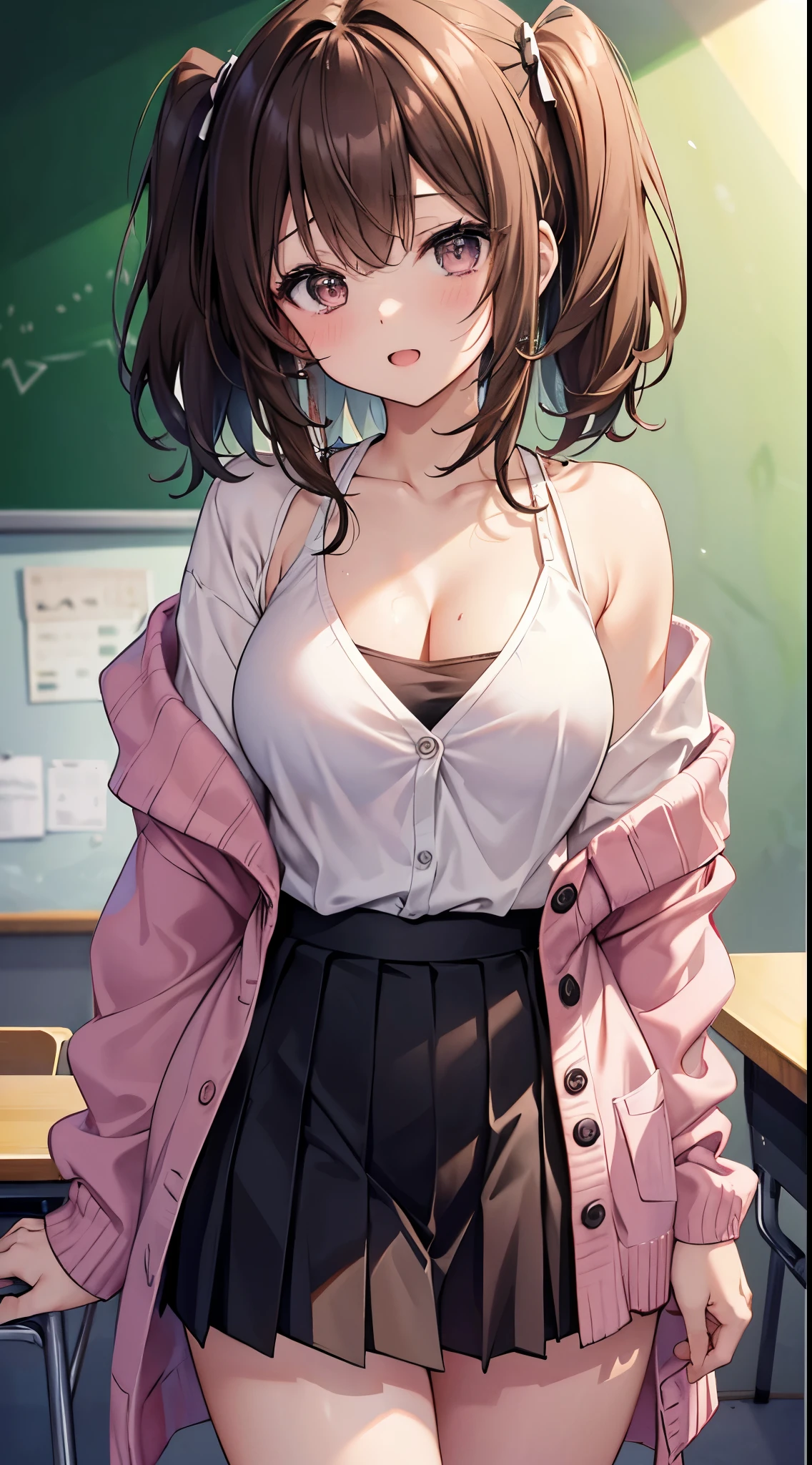 8K、Top image quality、top-quality、​masterpiece)、A detailed face、1 girl in、Medium hair、Light brown、((Two-side-up))、brown-eyed、Opens mouth and laughs、large full breasts、((White shirt))、cleavage、(Black tube top)、((A pink cardigan that is worn out))、((Black Mini Pleated Skirt))、(Big ass)、thighs、cowboy  shot、Classroom Background