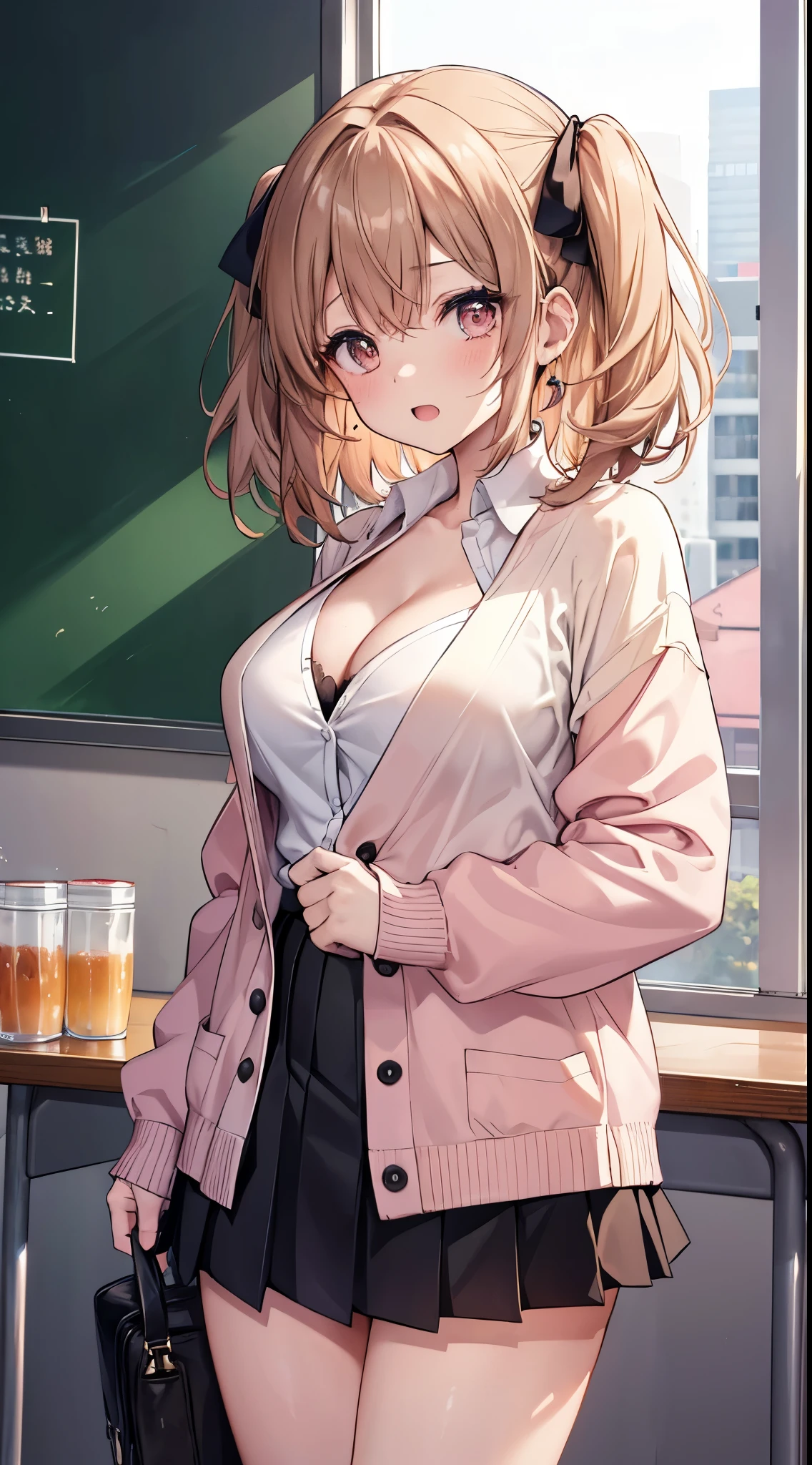 8K、Top image quality、top-quality、masterpiece)、A detailed face、1 girl in、Medium hair、Light brown、((Two-side-up))、brown-eyed、Opens mouth and laughs、large full breasts、((White shirt))、long-sleeve、cleavage、(Black tube top)、((A pink cardigan that is worn out))、((Black Mini Pleated Skirt))、(Big ass)、thighs、cowboy shot、Classroom Background