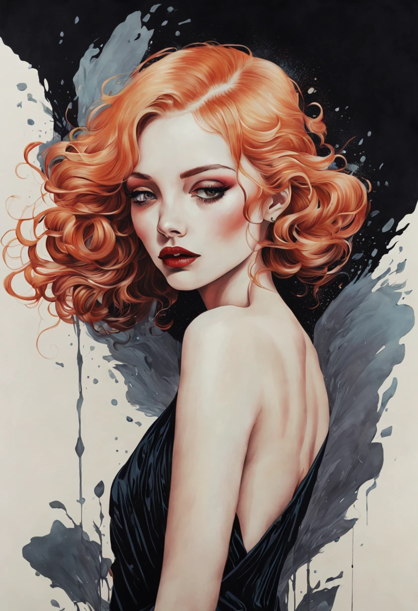 chiaroscuro technique on  illustration of an elegant oldies , wet hair, vintage, eerie, matte painting, by Hannah Dale, by Harumi Hironaka, extremely soft colors, vibrant, highly detailed, digital illustrations , high contrast, dramatic, refined, tonal, facial expression