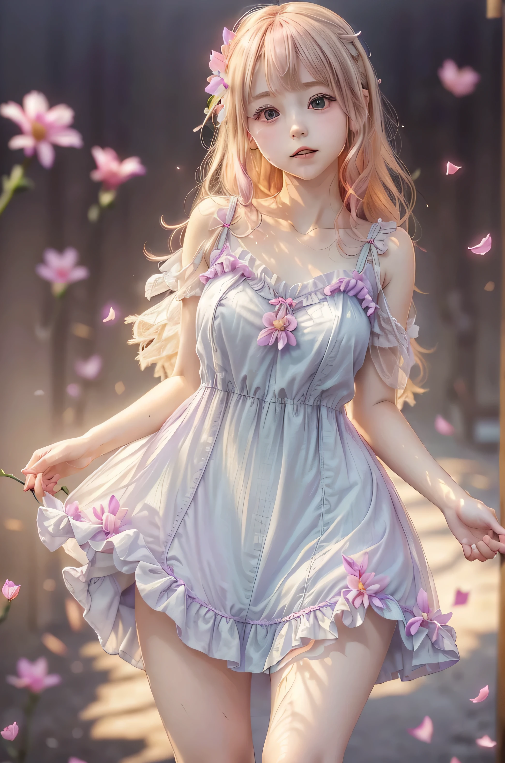 a cute young girle holding a little purple flower with pink hightlights in her strawberry platinum blonde hair, light frillly dress, see through transparent, semi transparent light wet light top with white lace and frill, 88k!((masterpiece, best quality)),(complex lighting),1girl, Valerie frizzle,dress,