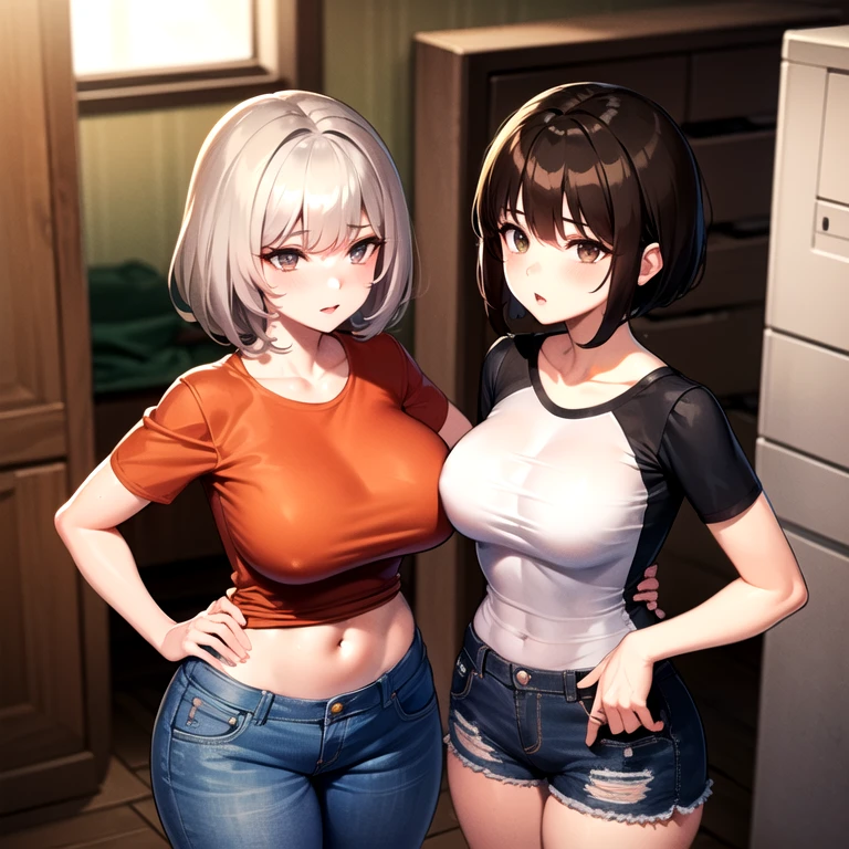 masterpiece, best quality, (child), sisters, siblings, age difference:1.4, 2girls, (1girl, older girl, onee-san, big sister, parted lips:1.2, sharp eyelashes, thick lips:1.4, older, medium hair, light brown hair, grey eyes, black shirt, long sleeves, pants, denim, tight shirt, see-through, big breasts, narrow waist, wide hips), (1girl, very short hair, brown hair, brown eyes, red shirt, short sleeves, black shorts), indoors