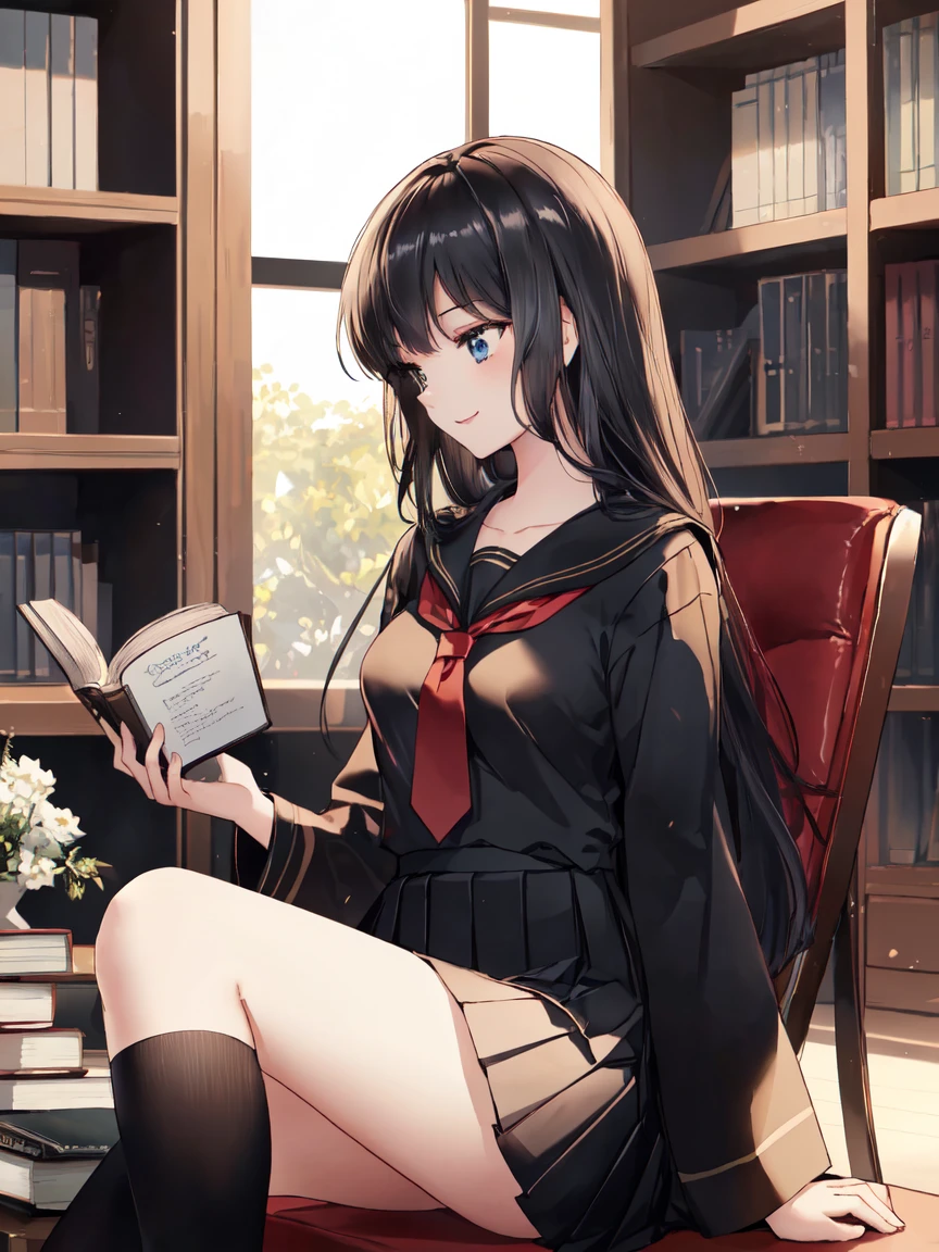 8k, (ultra-detailed:1.3, master piece:1.3, best quality:1.3, high resolution:1.3), 18year old, High school students, 1 person, a girl, beautiful face, large and beautiful breasts, Blue eyes, eyes in highlight, catch light eyes, specular highlight eyes, (smile with your mouth closed:1.2), BREAK (long hair, black hair, black sailor suit, Black pleated skirt, Separated uniforms, red ribbon tie, collarbone, shoot from side), BREAK library, (Sitting, laugh a little, holding a book with both hands), (staring at a book:1.3), (see a book:1.3), (looking away:1.3)