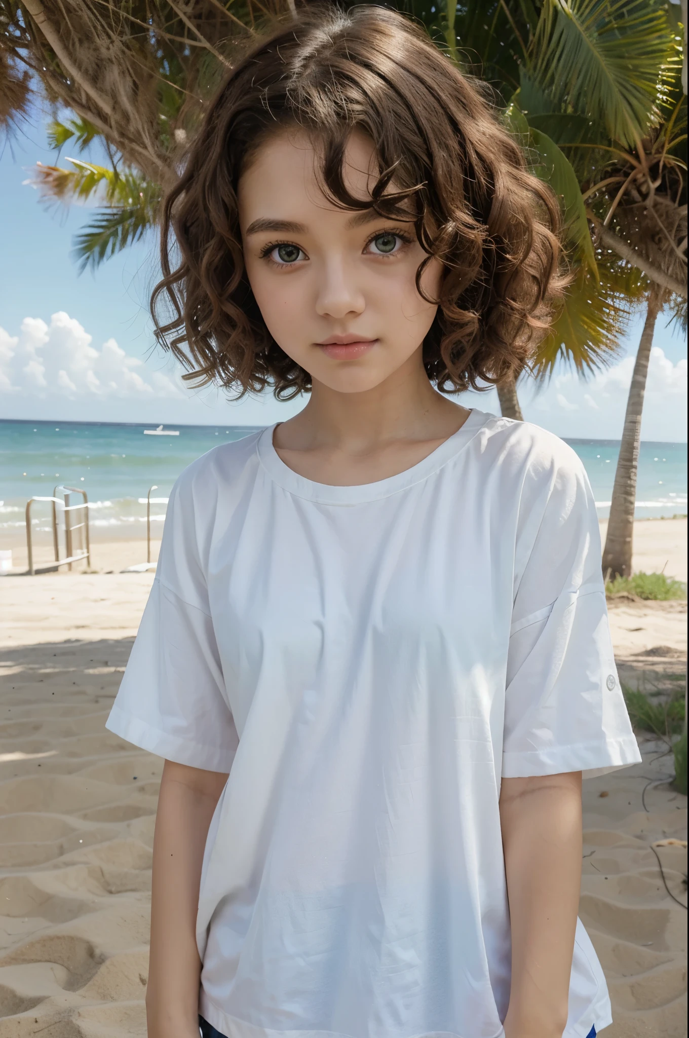 a cute girl, curly hair,anime, big eye, white shirt, at beach, green grass