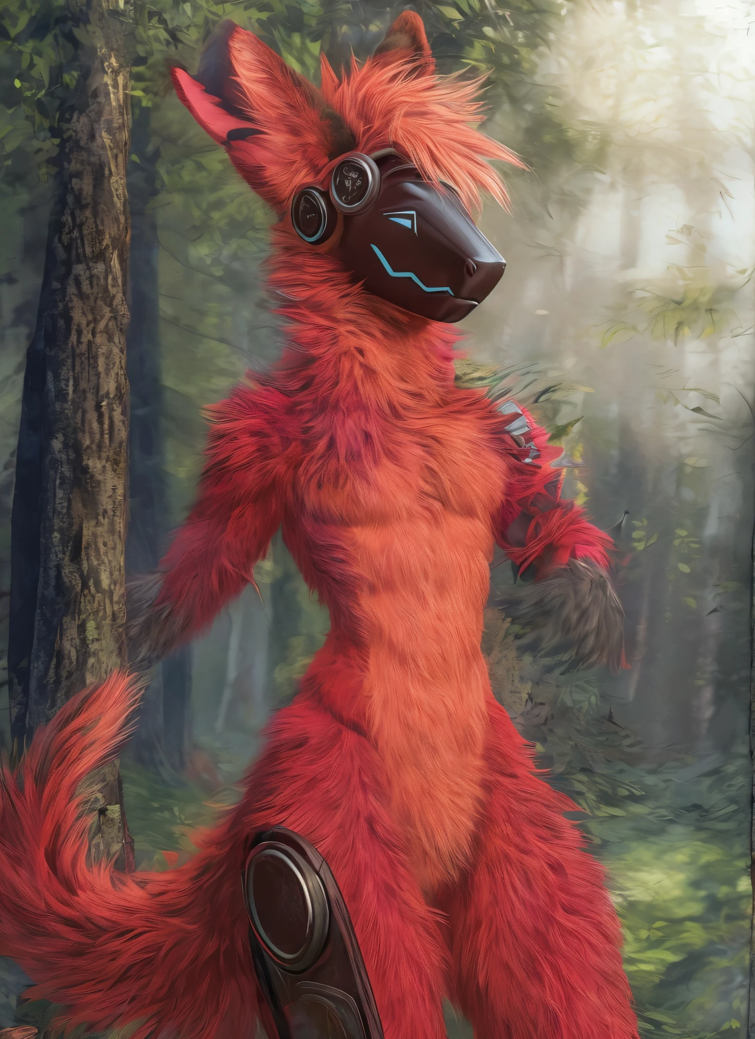 anthro protogen person furry in the forest shirtless detailed fur long fur realistic fur digital art