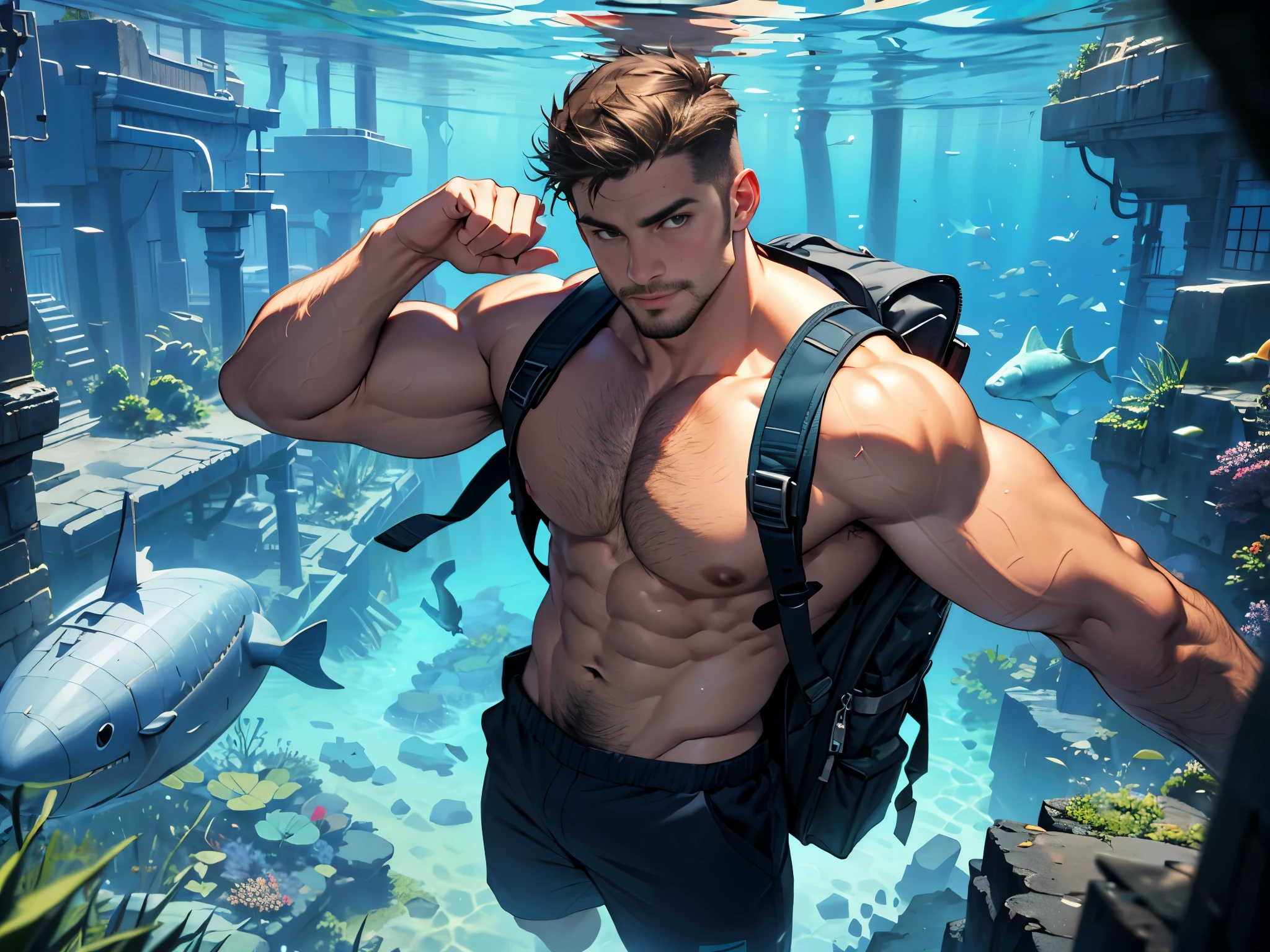 world traveler, wearing backpack, underwater city, Atlantis, shirtless, floating, charming, attractive, muscular man, man close to the camera, curious-looking, hunk, casual explorer gear