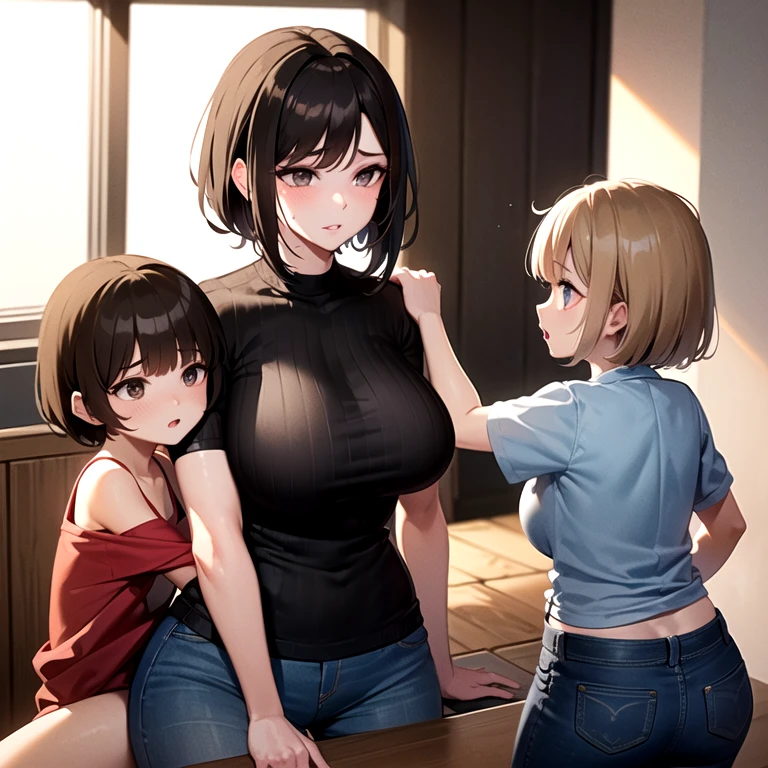 masterpiece, best quality, (child), sisters, siblings, age difference:1.4, 2girls, (older girl, onee-san, big sister, parted lips:1.2, sharp eyelashes, thick lips:1.4, older, medium hair, light brown hair, grey eyes, black shirt, long sleeves, pants, denim, tight shirt, big breasts, narrow waist, wide hips), (very short hair, brown hair, brown eyes, red shirt, short sleeves, black shorts), indoors