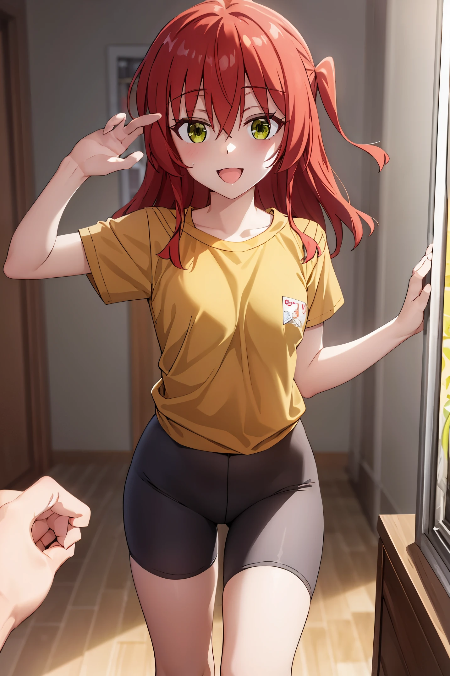 Room, 1 girl, best quality, ultra high res, long hair, red hair, green eyes, looking at viewers, small breast, standing, pov, slim body, body, small body, smile, open mouth, yellow shirt, short sleeves, bike shorts,
