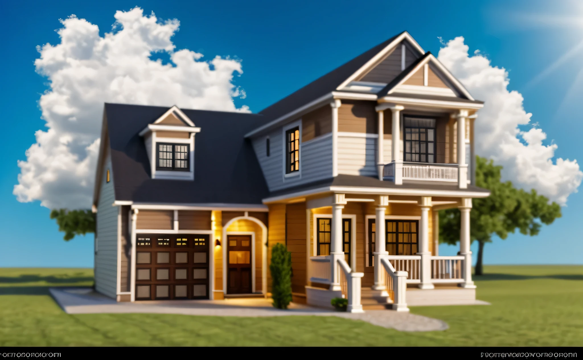 Realistic images, extremely detailed, a modern house, 1 road in font of house, large yard made by ceramic, (1 car), brick fence, lawn, a few small flowers, a road in front of the house, main materials of the house are white walls and red brick, Modern design, clear blue sky, sunrise light, light from inside, dynamic light,shimering light, cinematic light, romantic feeling, (((day light, warm light)))