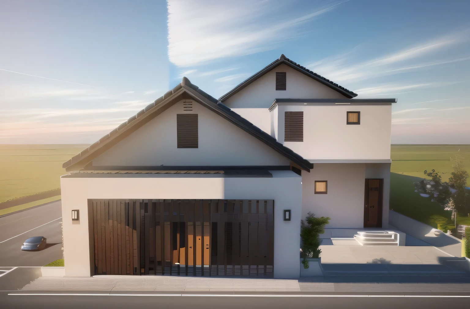 a rendering of a house with a gate and a car parked in front of it, frontview, 3/4 view realistic, front elevation view, front view, front-view, front side view, concept house, exterior design, front perspective, front view dramatic, with 3d render, with 3 d render, complete house, japanese house, 3 d rendering