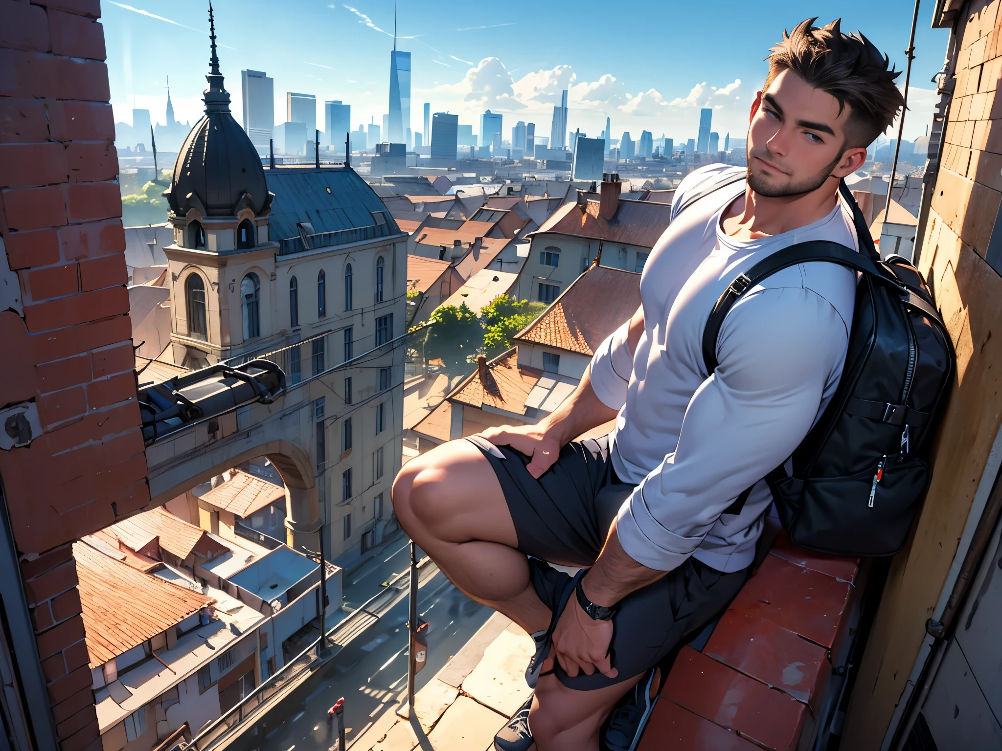 world traveler, wearing backpack, knee-up shot, shirtless, charming, attractive, muscular man, man close to the camera, curious-looking, hunk, casual explorer gear, exotic cityscape