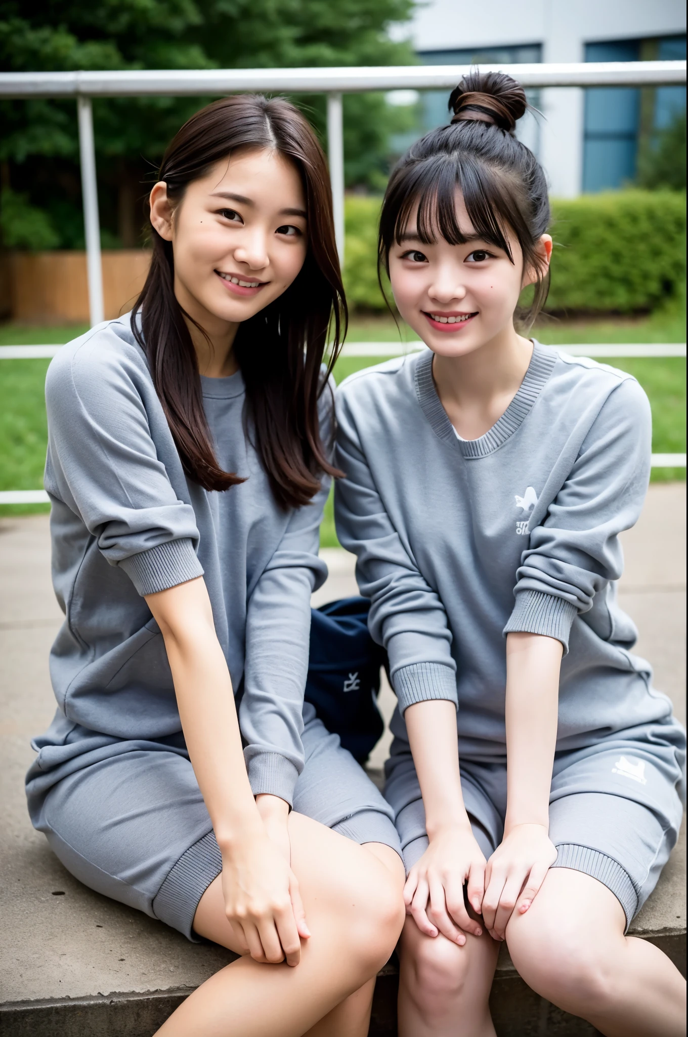 2 girls in school yard in winter,gray sweatsuit top,navy blue knitted speedo-style briefs,white high socks,18-year-old,bangs,a little smile,thighs,knees,crotch,low ponytail,from below