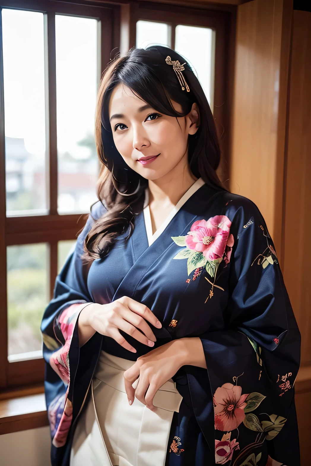 Best Quality, hight resolution, in 8K, Beautiful eyes, beautiful japanese female、Elegance、There is a good、Moist beauty、Transparent atmosphere、Beautiful face、Kimono