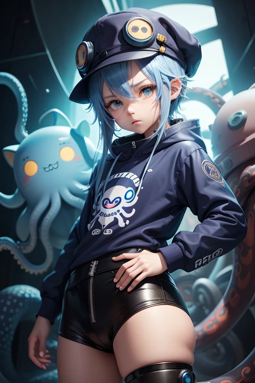 2D anime,There&#39;s a chibi octopus boy with blue and white octopus hair and a blue hat., anime robotic mixed with whiskers, more whiskers, Magic Octopus, I&#39;m like an octopus., Nendroids, Nerdrooid 2D, Cute cyborg octopus boy, fine details. anime. whiskers, Nerdrooid, Super cute giant squid robot, Cute Cyber God々, style as Nerdrooid, ตุ๊กตาanime