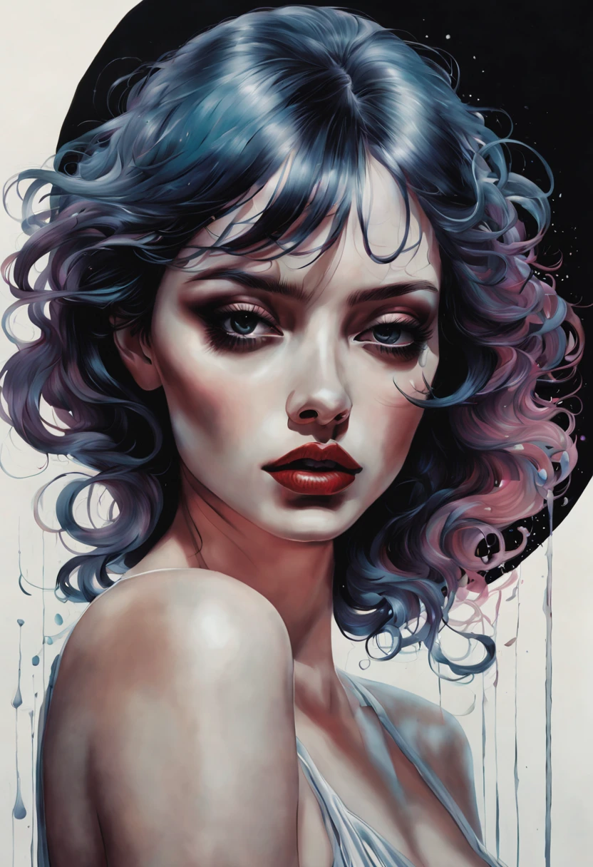 chiaroscuro technique on  illustration of an elegant oldies , wet hair, vintage, eerie, matte painting, by Hannah Dale, by Harumi Hironaka, extremely soft colors, vibrant, highly detailed, digital illustrations , high contrast, dramatic, refined, tonal, facial expression