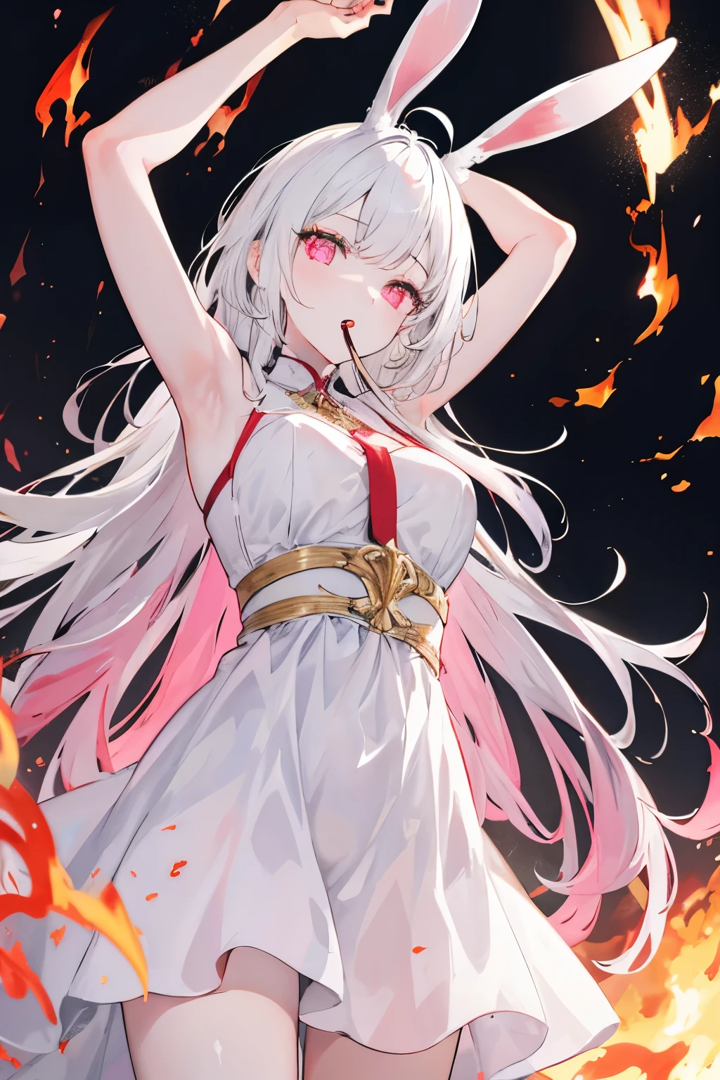 1girl, messy iridescent white hair, pink eyes, glowing eyes, mouth open, pale skin, bunny ears, no ears, wearing long clingy white dress with gold runes, arms up, holding fireball, ancient stone village at sunset, absurdes, high res, ultrasharp, 8k, masterpiece, chiaroscuro, from below, fire in foreground, looking at viewer,