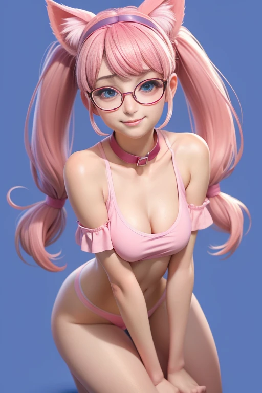 1girl, tohsaka rin, full body, solo, short hair, erotic loose pink tank top, pink cat ears headband, collar, off shoulder, bare chest, perfect round breast, small breast, cleavage, underboobs, sexy, nsfw, glasses, blush, cute smile, looking at viewer, blue background, pink hair, background, two side up, blue eyes, lips, closed mouth, ribbon, hair ribbon, bangs, upper body, parted bangs, pink ribbon, twintails, nose,