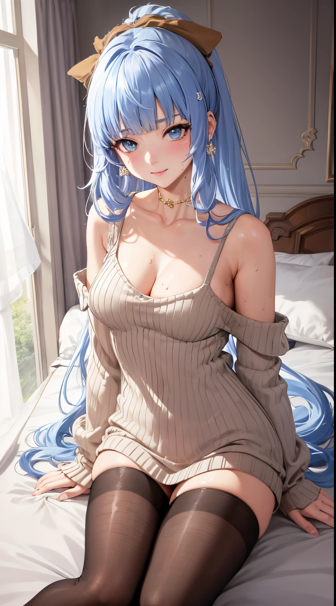 Character Details:, - Gender: 1 Girl.
- Style: Anime, - Body Type: Attractive body, slim body, nice legs, slim tights, nice arms, nice shoulders. - Breast: (Small Breast:1.1), (Cleavage), (Nipple).
- Facial Feature: Beautiful, Gorgeous, ager, Fresh, Young.
- Expression: Shy, Smile, Pink Blush on Face, Sexy Eyes, Sexy Look, (Sweating:1.4), Innocent Look, Tipsy. - Hairstyle: Blunt Bangs, Long Hair. - Hair Color: (Light Blue Hair:1.5), (Messy long Hair:1.3),
- Clothing: (Light Brown Sweater:1.6) (Off-Shoulder:1.3),. - Body Pose: (Sitting:1.1). - Behaviour: Waiting, Want Something, Secretly.
- Accessories: Earrings., Environmental Details:, - Setting: Bed Room., - Lighting: Natural Light., - Decoration: Modern Bed, Chair, Window, White Curtain, City View. Top view. pov, anime style, UHD, retina, masterpiece, accurate, anatomically correct, texture