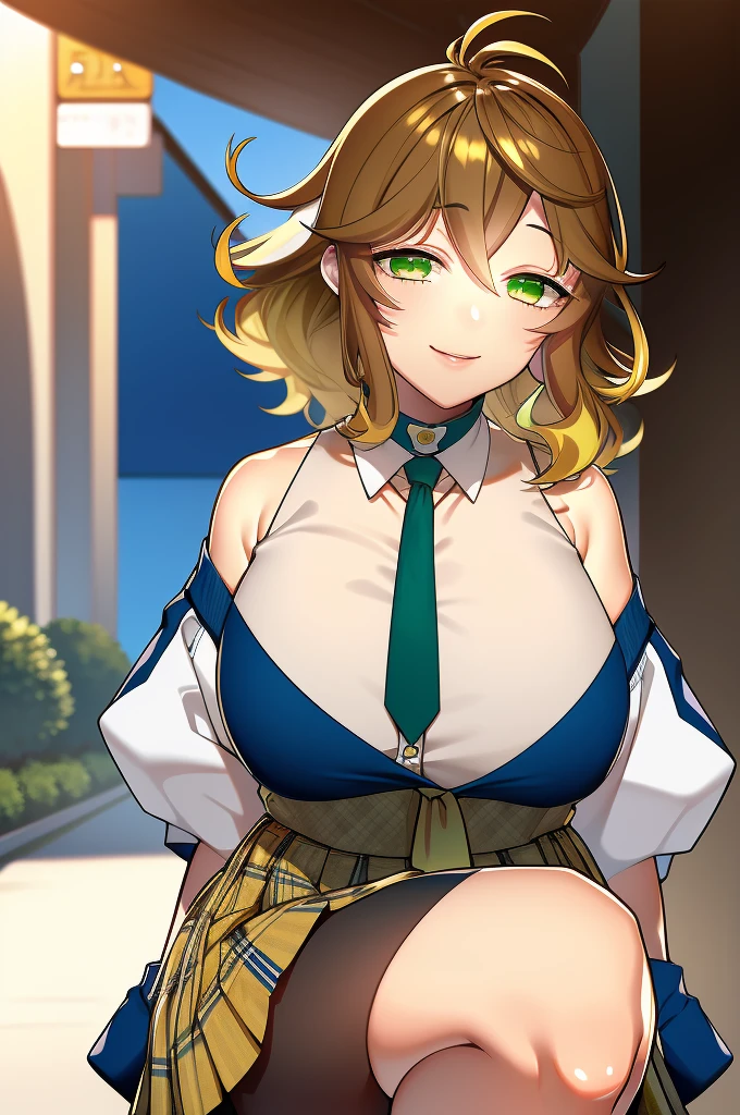 amicia michella - nijisanji, anime style, 1girl, detailed brown short hair, yellow inner hair, wavy thick hair, green eyes, thin lips, painted lips, shy smile face, wide hips, thick thighs, huge round ass, shiny oily breasts, white shirt, navy blue necktie, light blue pleated skirt, plaid pleated skirt, gyaru, full body, sunset, city