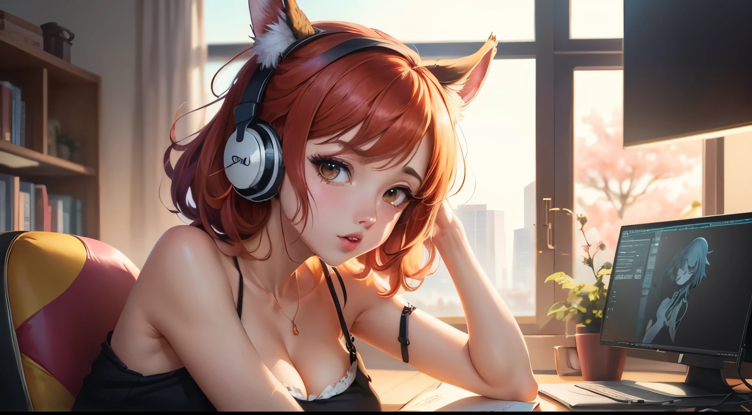 1girl, Pelo rojo, ojo llameante, espada, holding espada, Llamas, Casas en llamade anime sentada en un escritorio con auriculares al escribir, Anime style 4 k, vibraciones de anime, Chica Lofi, Anime Art Wallpaper 4K, Anime Art Wallpaper 4K, Arte Lofistyle, Anime style. 8k, Retrato de Lofi, Arte Lofi, Joven chica anime, anime aesthetic, Fondo de pantalla de anime 4k, Una chica de anime, Anime Wallpaper 4knte, sidelit, papel tapiz