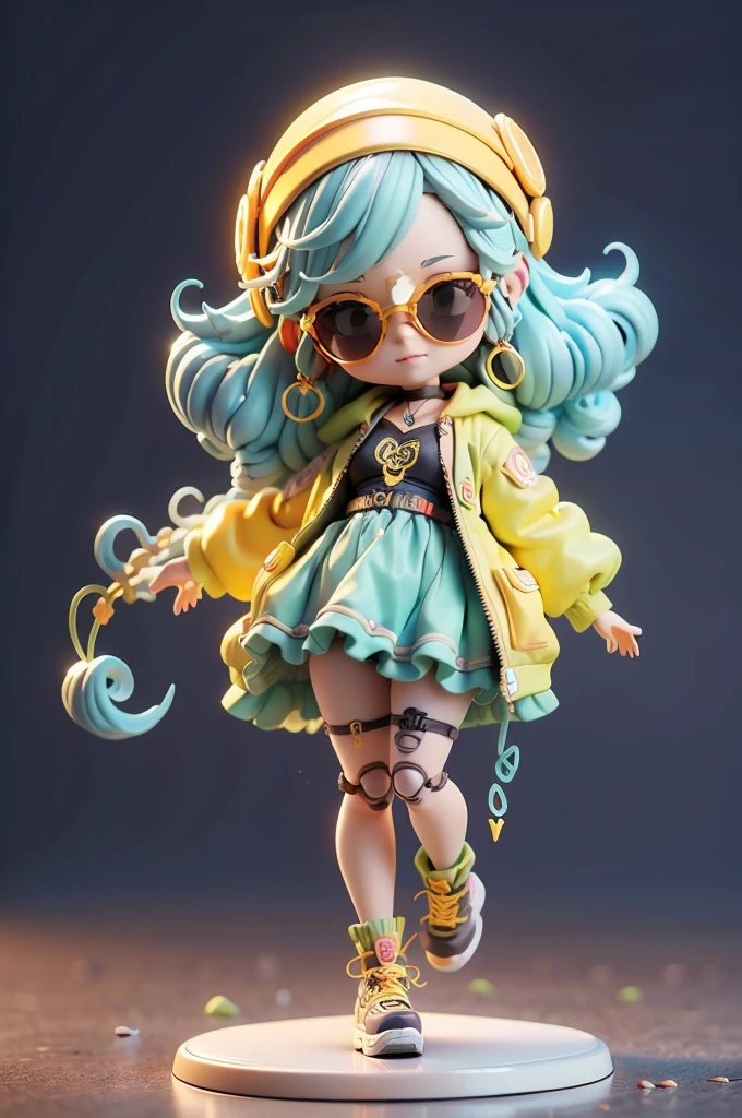 girl with long hair and headband,Wear hippie fashion clothes,sunglasses,1960's wind,(master-piece,bestquality),3D Blind Box Doll,Pastel tones,light,high detailed official artwork,Beautiful anime art, anime fantasy illustration、yellow background、detailed drawing、