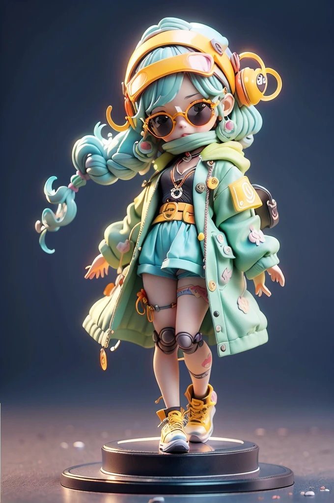 girl with long hair and headband,Wear hippie fashion clothes,sunglasses,1960's wind,(master-piece,bestquality),3D Blind Box Doll,Pastel tones,light,high detailed official artwork,Beautiful anime art, anime fantasy illustration、yellow background、detailed drawing、
