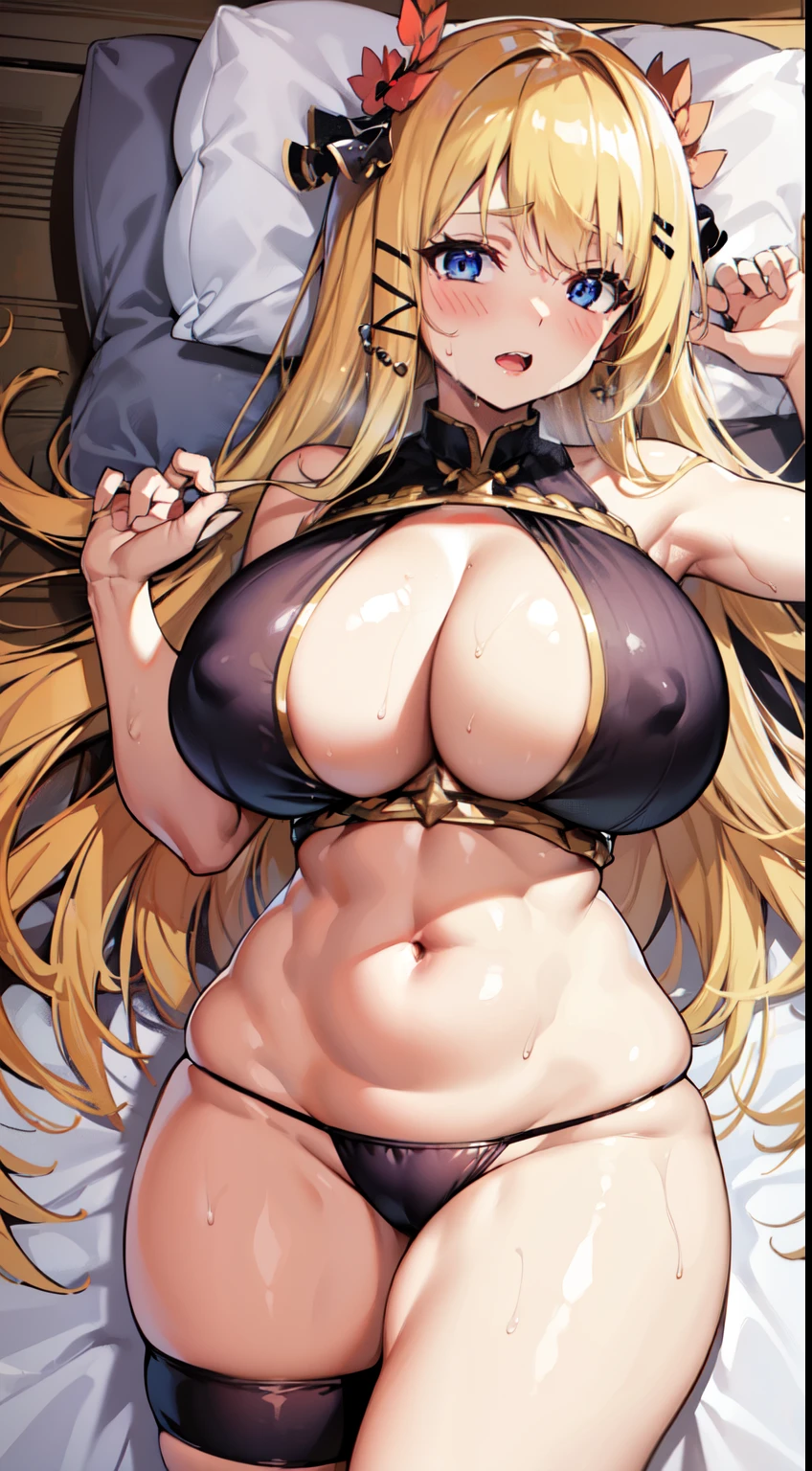 huge-breasted,wide hips,,Open mouth,sweat body,Wet body,on bed,chubby,cleavage,lying,dakimakura,blonde hair,long hair,cowboy shot,solo,hair ornament,jewel,navel,