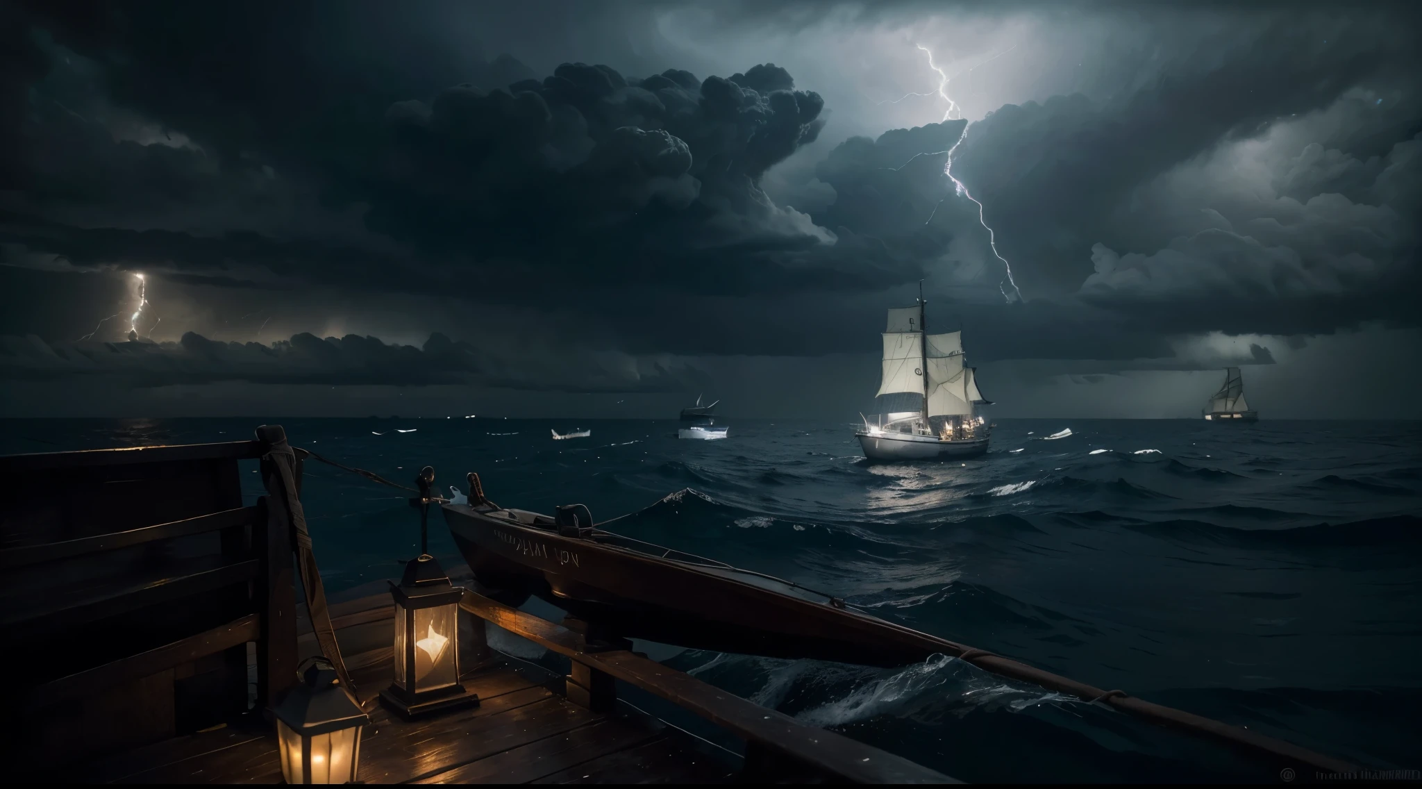 prompt: fisherman's boat in the middle of the ocean, no land in sight, rainy night with heavy clouds, (best quality,4k,8k,highres,masterpiece:1.2), ultra-detailed, realistic:1.37, traditional oil painting, dramatic lighting, rough sea, solitary boat, stormy atmosphere, intense waves, strong winds, wet deck, rain-soaked sails, dark and gloomy colors, hidden moonlight, mysterious atmosphere, distant lightning, fishing nets, worn-out fishing gear, small lantern on the deck, water droplets on the boat's surface, powerful contrasts, subtle reflections, sense of isolation, vastness of the ocean, tranquil silence amidst the storm.
