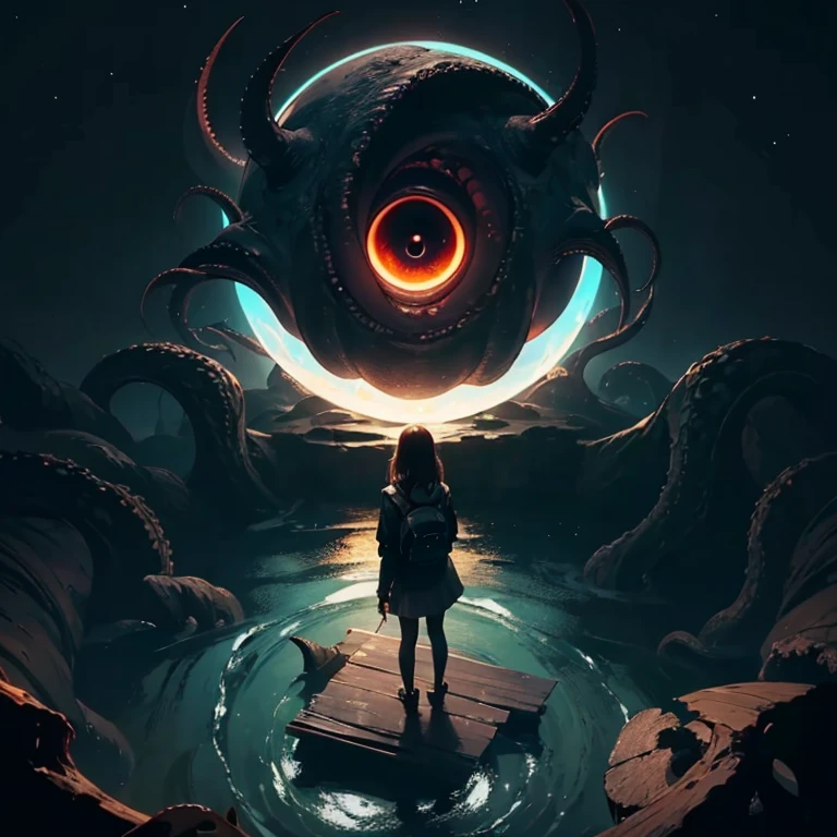 ( Masterpiece, best quality , shot from above, 100mm lens, fisheye:1.4), ((pov from above:1.4)), (( (( standing on old wooden boat flowing downstream on styxx river in pitch darkness of infinite void )):1.6, (far away very big eye ball with tentacles in background filling up the sky:1.6, in its presence we feel tiny:1.1, it looks down on us, there is something lurking in the darkness maybe it is Cthulhu and his tentacles ), eerie feeling, walking away from viewer, looking in front, looking ahead, back towards against viewer )), 1girl,( long hair, dark hair , wearing backpack and wearing jacket and skirt ), (centred and symmetric composition, 8K, under exposure:1.8, UHD)