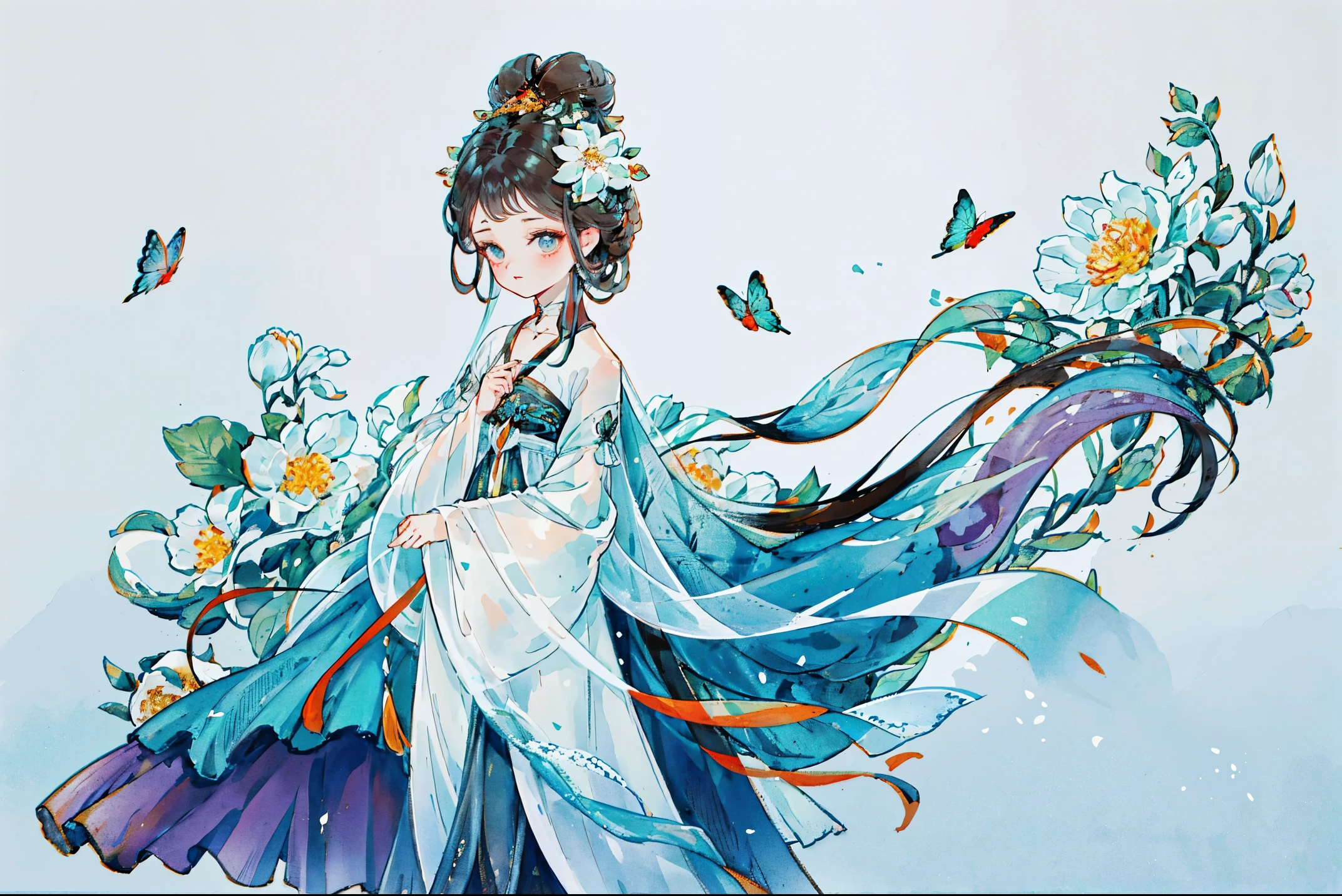 1 Sister, Alone, looking at viewert, face flushed, Background with, black hair color hair, hair adornments, longer sleeves, white backgrounid, Eternal, Full body lesbian, flowers blooming, hairflower, hair-bun, butterflys, tmasterpiece, recent quality, The finest details, Clear facial features, beautidful eyes