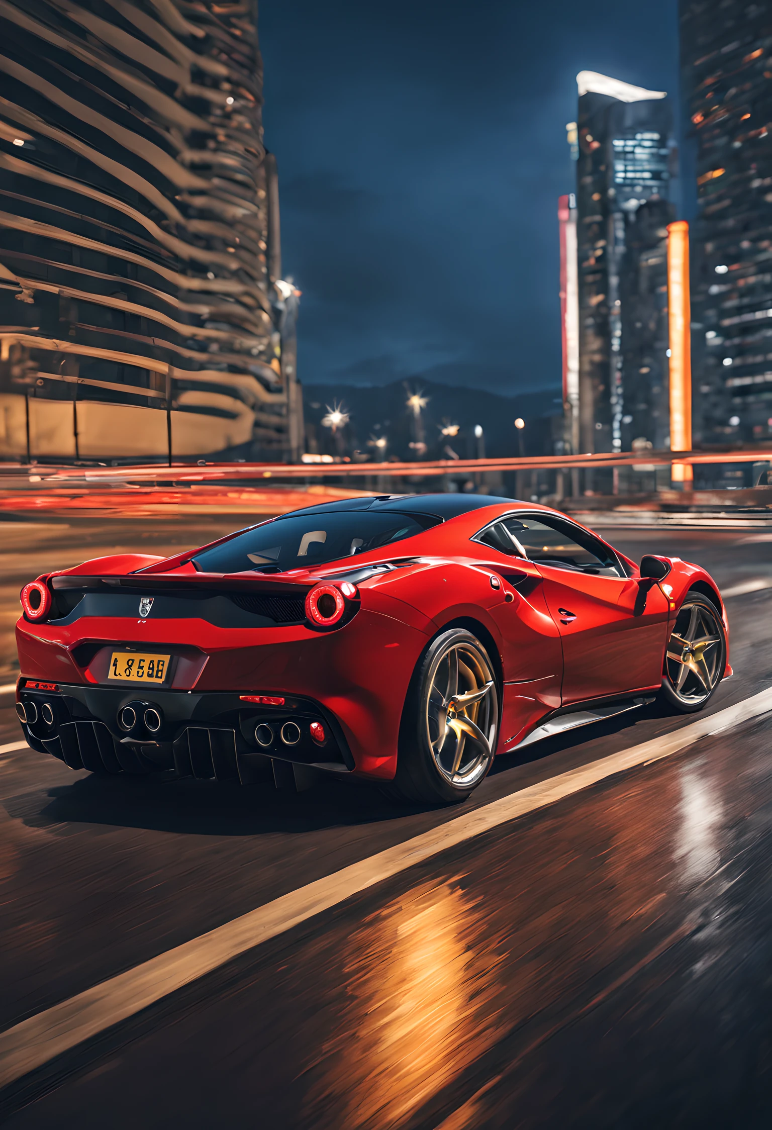 (Best quality, 8k, Masterpiece :1.2), hyper realistic, at a mountain, an detailed red Ferrari 488, Speeding on the highway, (Facing the audience), The blue skyscraper in the background, at night,