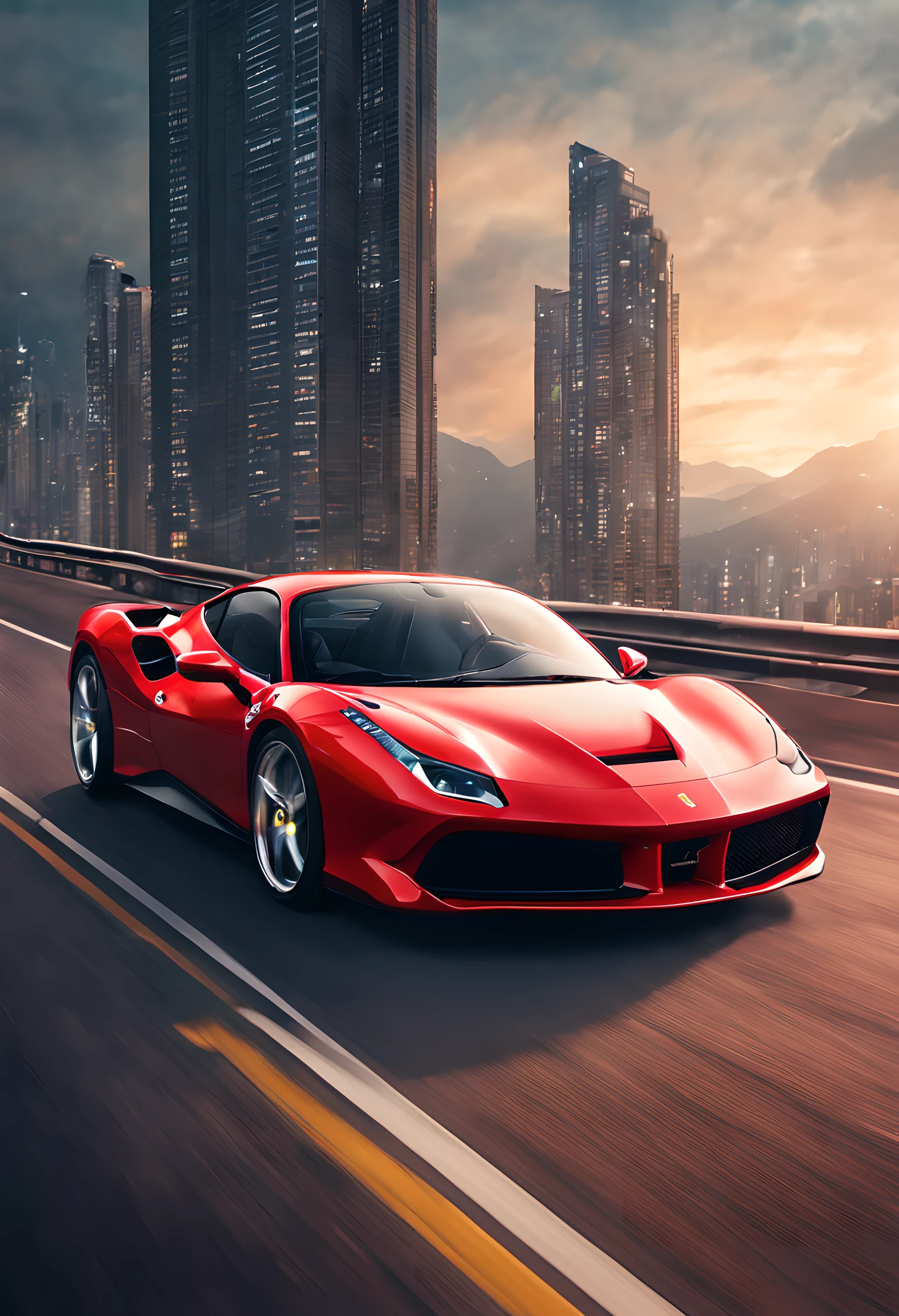 (Best quality, 8k, Masterpiece :1.2), hyper realistic, at a mountain, an detailed red Ferrari 488, Speeding on the highway, (Facing the audience), The blue skyscraper in the background, at night,