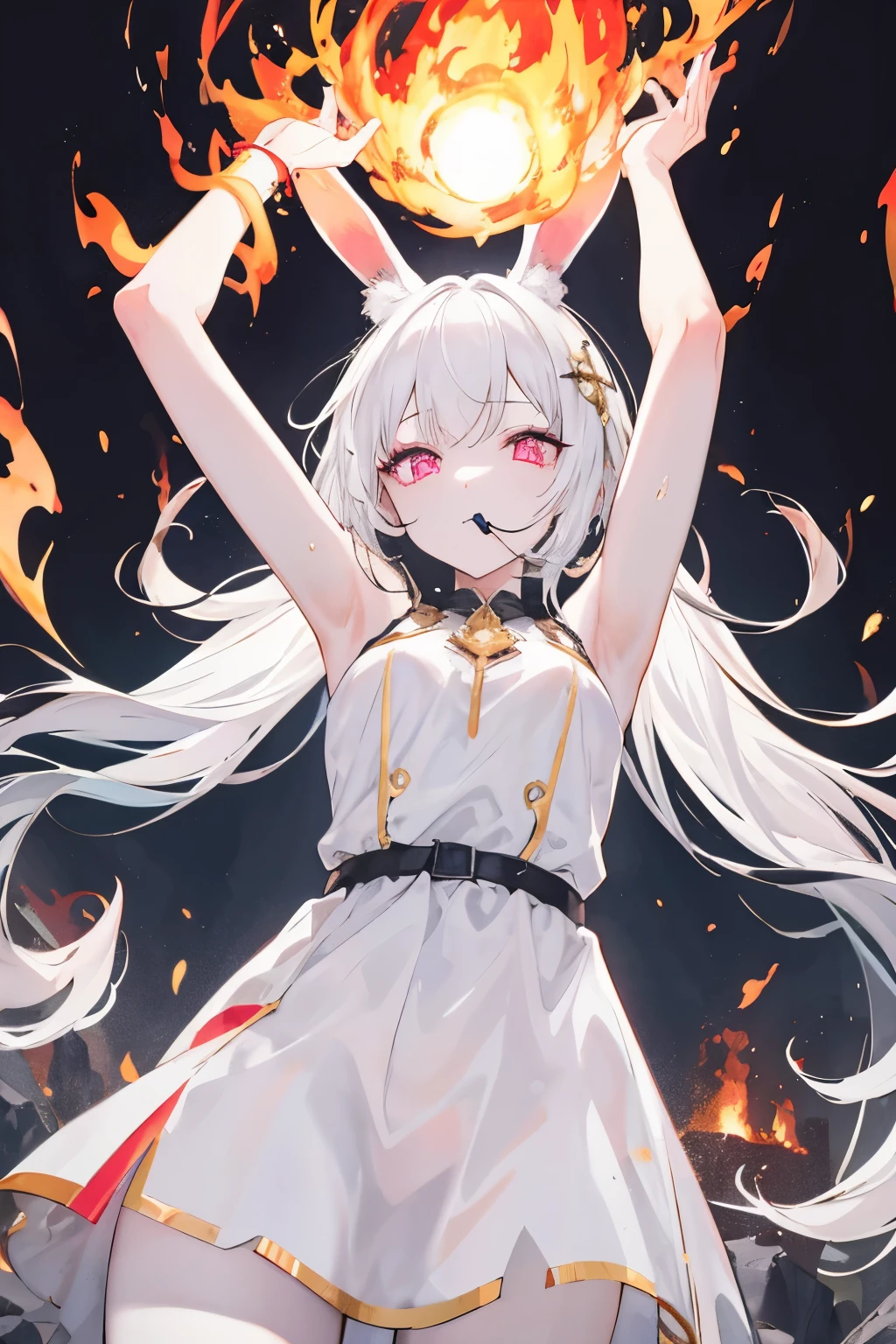 1girl, messy iridescent white hair, pink eyes, glowing eyes, mouth open, pale skin, bunny ears, no ears, wearing long clingy white dress with gold runes, arms up, holding fireball, ancient stone village at sunset, absurdes, high res, ultrasharp, 8k, masterpiece, chiaroscuro, from below, fire in foreground, looking at viewer,