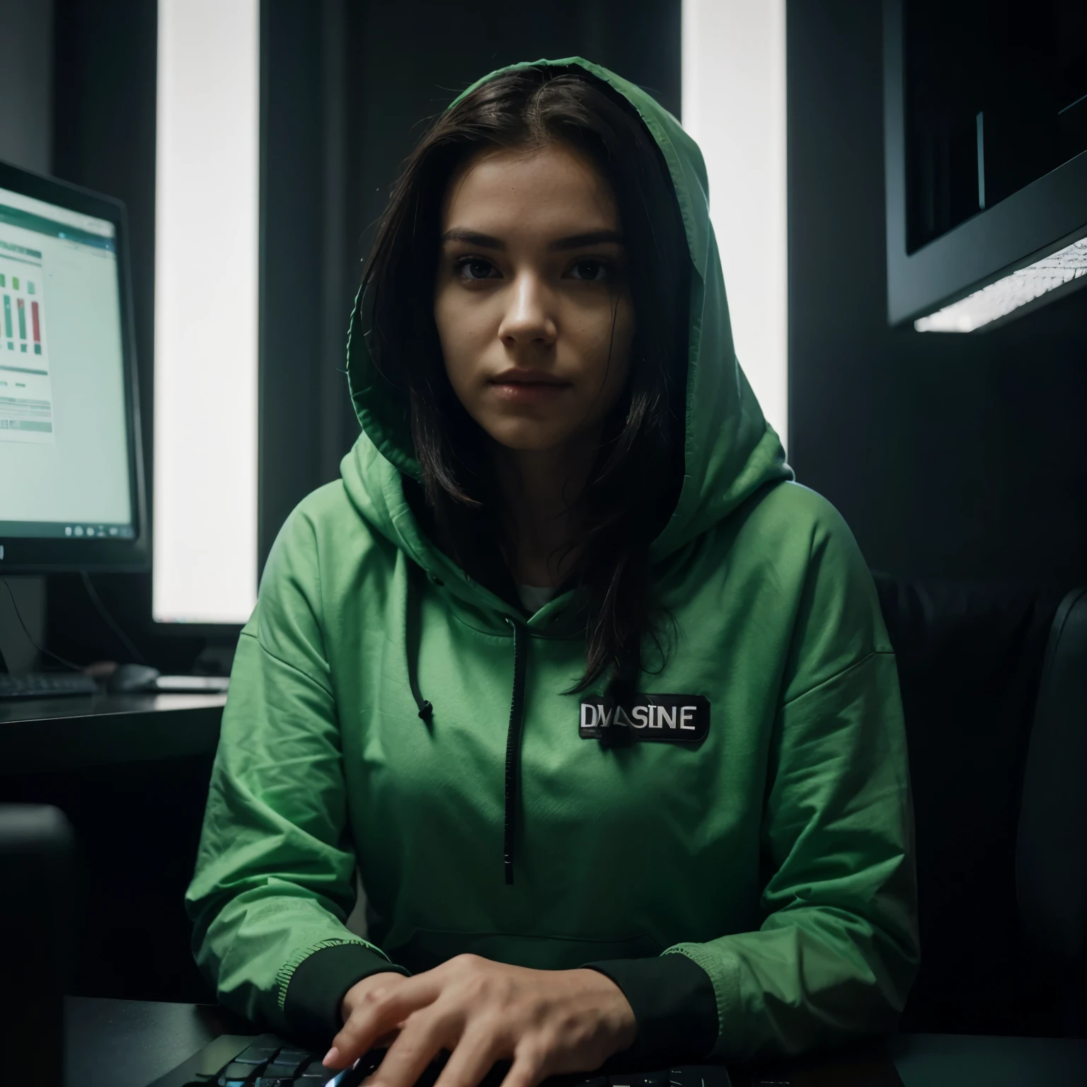 A woman whose face is unrecognizable because he is wearing a hooded sweatshirt, she is sitting in front of a table on which a PC and a laptop can be seen, her hands are on the keyboard. The background consists of green matrix-like numbers that look like computer codes, Dark Cyberpunk setting, mal iluminado