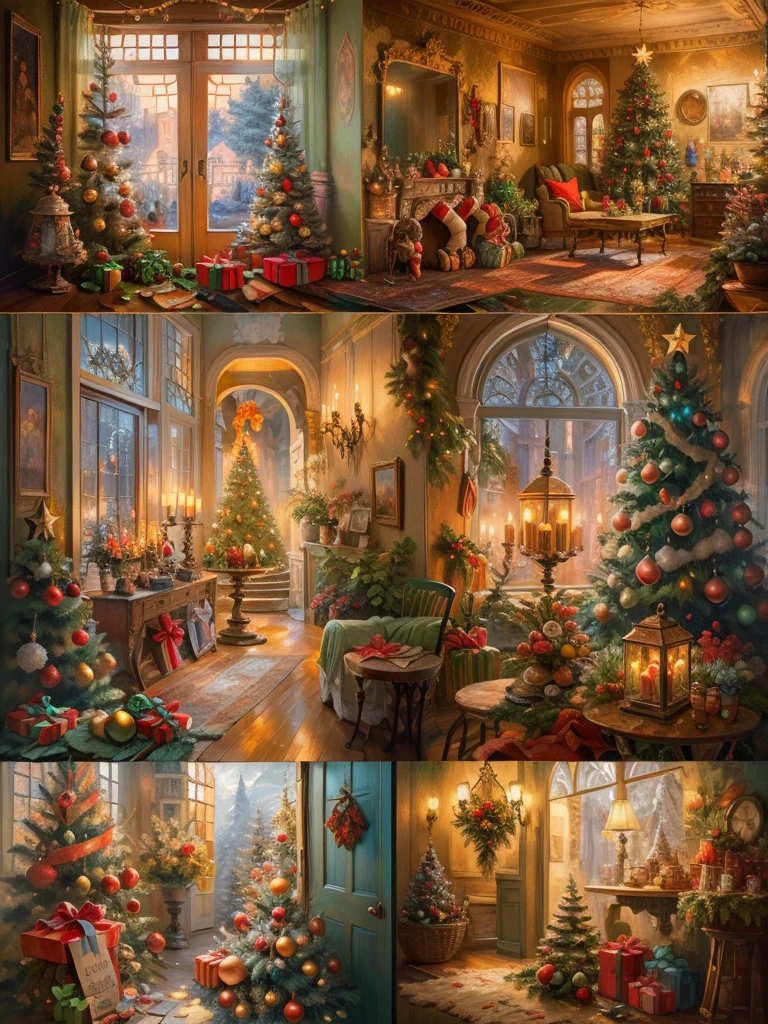 an oil painting，da vinci art style, (Metropolis Luxury Villa，Warm and cozy Christmas decoration，(Christmas decorations on the door，flower ring)，yukito，Christmas tree，gifts，Lantern，pompon)，Guviz-style artwork,，Artistic creativity:1.37,Sweet，Wonderful and magical，Exquisite，Natural soft light，Good life, high high quality，8k，A high resolution，tmasterpiece，ultra - detailed，hyper HD，Studio lighting，hyperdetailed painting，Extremely detailed description，professinal，vibrant with colors，Vivid and warm tones，Soft and comfortable lighting，