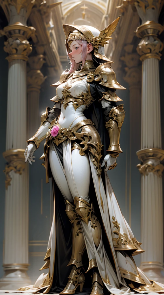 Armor, woman, with sexy body, Goddess Aphrodite, Greek armor style, with large breasts, the breastplate of the armor is open, with small shoulder pads, the shoulder pads have flower decorations, with a closed helmet, with a pink visor, the helmet is golden, the breastplate is white, with a long dress on the sides, the armor has flower details, golden arms, with details on the breasts, good angle, the lighting comes out of the armor, with golden shine ,good quality,standing,full body.